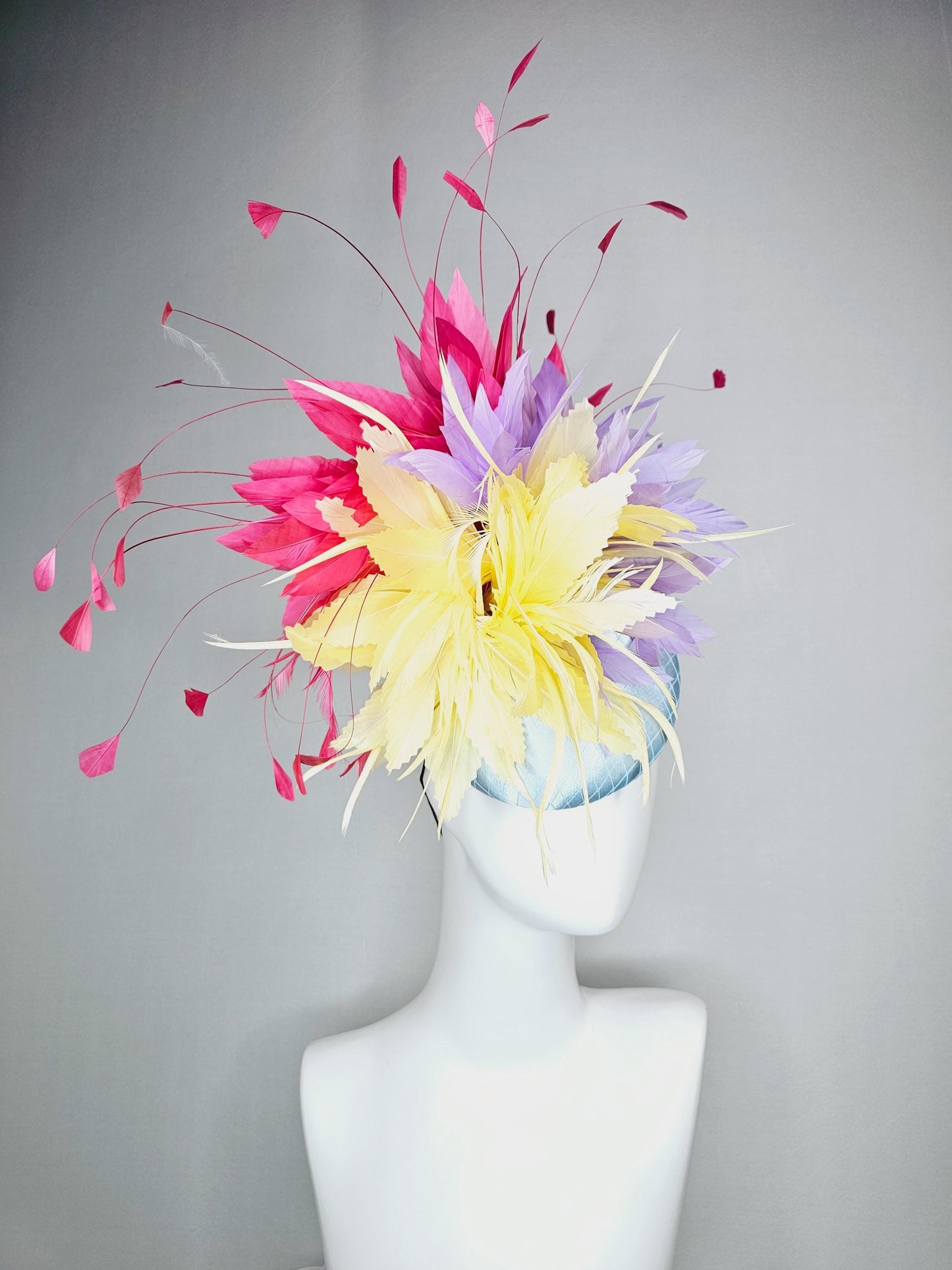 kentucky derby hat fascinator colorful baby blue satin with netting pastel yellow lavender purple feather flowers raspberry pink feathers