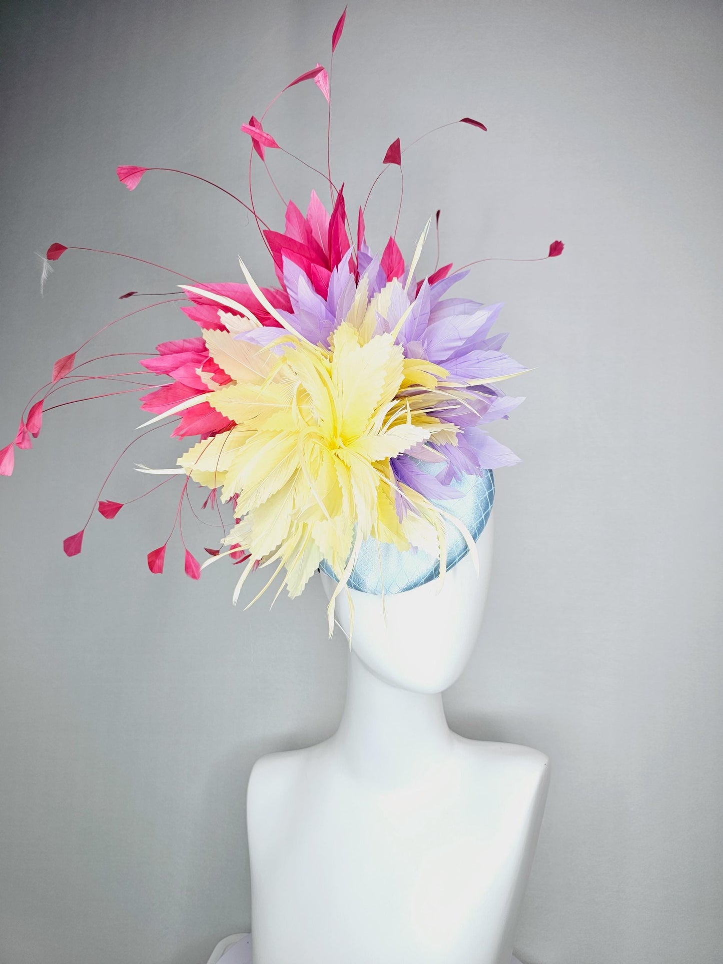 kentucky derby hat fascinator colorful baby blue satin with netting pastel yellow lavender purple feather flowers raspberry pink feathers