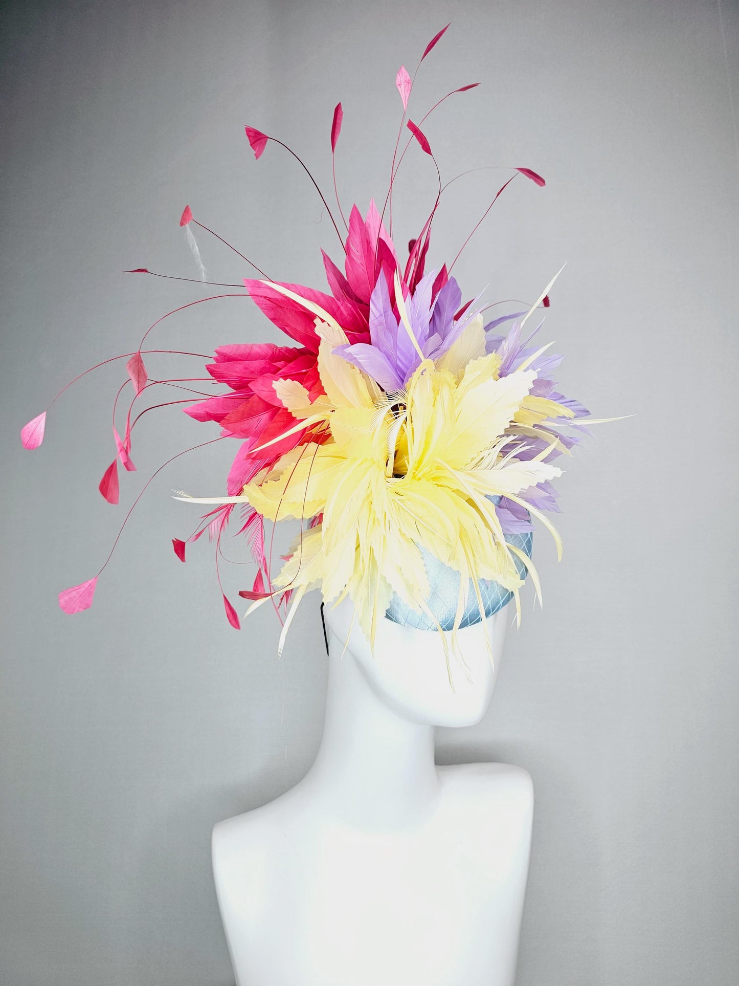 kentucky derby hat fascinator colorful baby blue satin with netting pastel yellow lavender purple feather flowers raspberry pink feathers