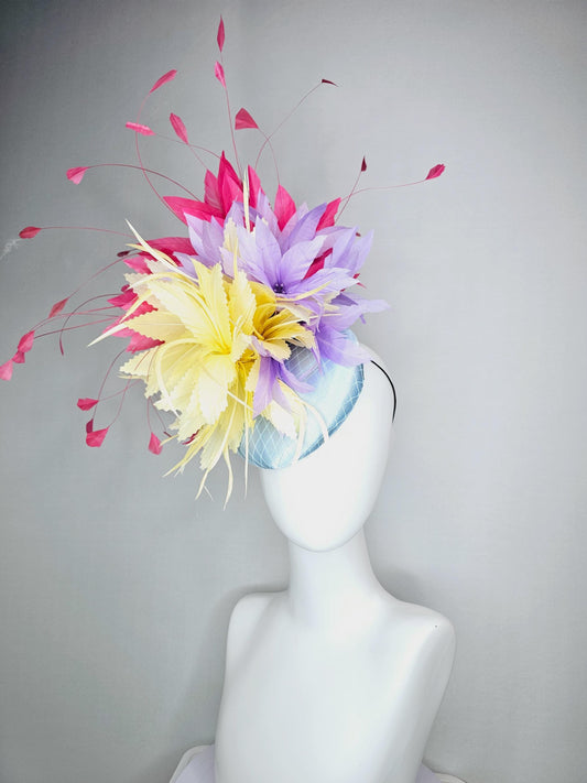 kentucky derby hat fascinator colorful baby blue satin with netting pastel yellow lavender purple feather flowers raspberry pink feathers