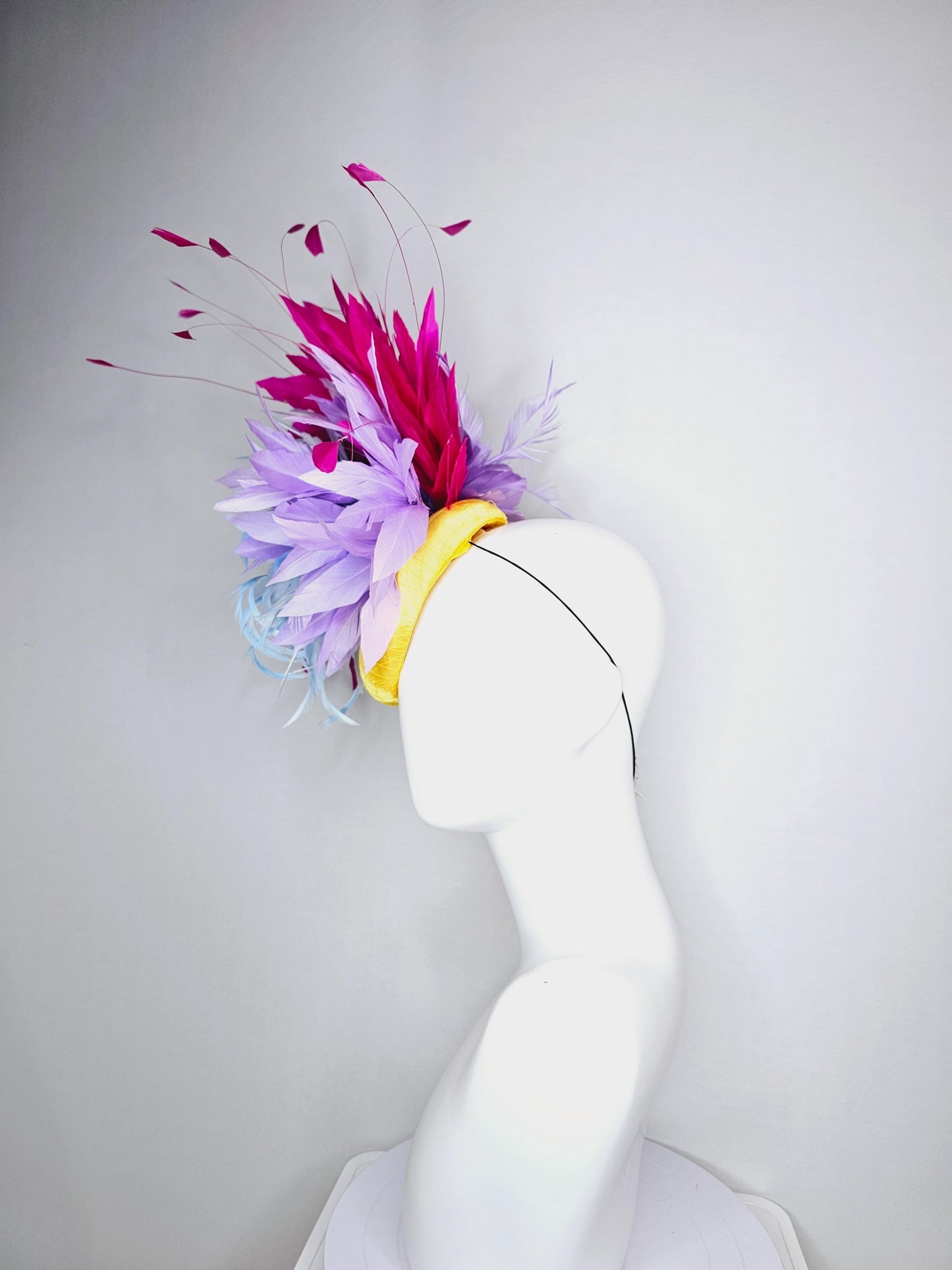 kentucky derby hat fascinator colorful yellow satin with netting baby blue and lavender purple feather flowers bright pink feathers