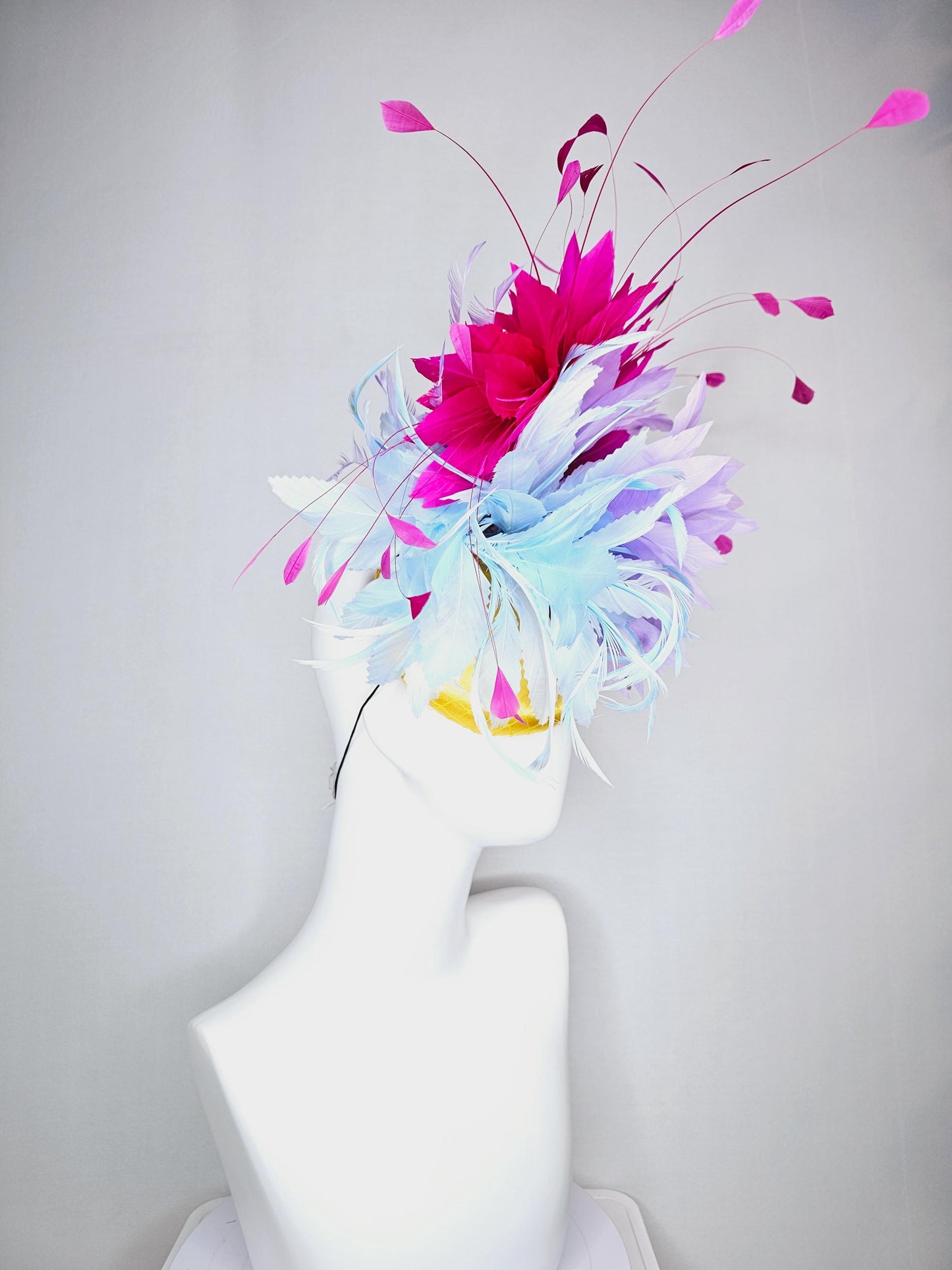 kentucky derby hat fascinator colorful yellow satin with netting baby blue and lavender purple feather flowers bright pink feathers