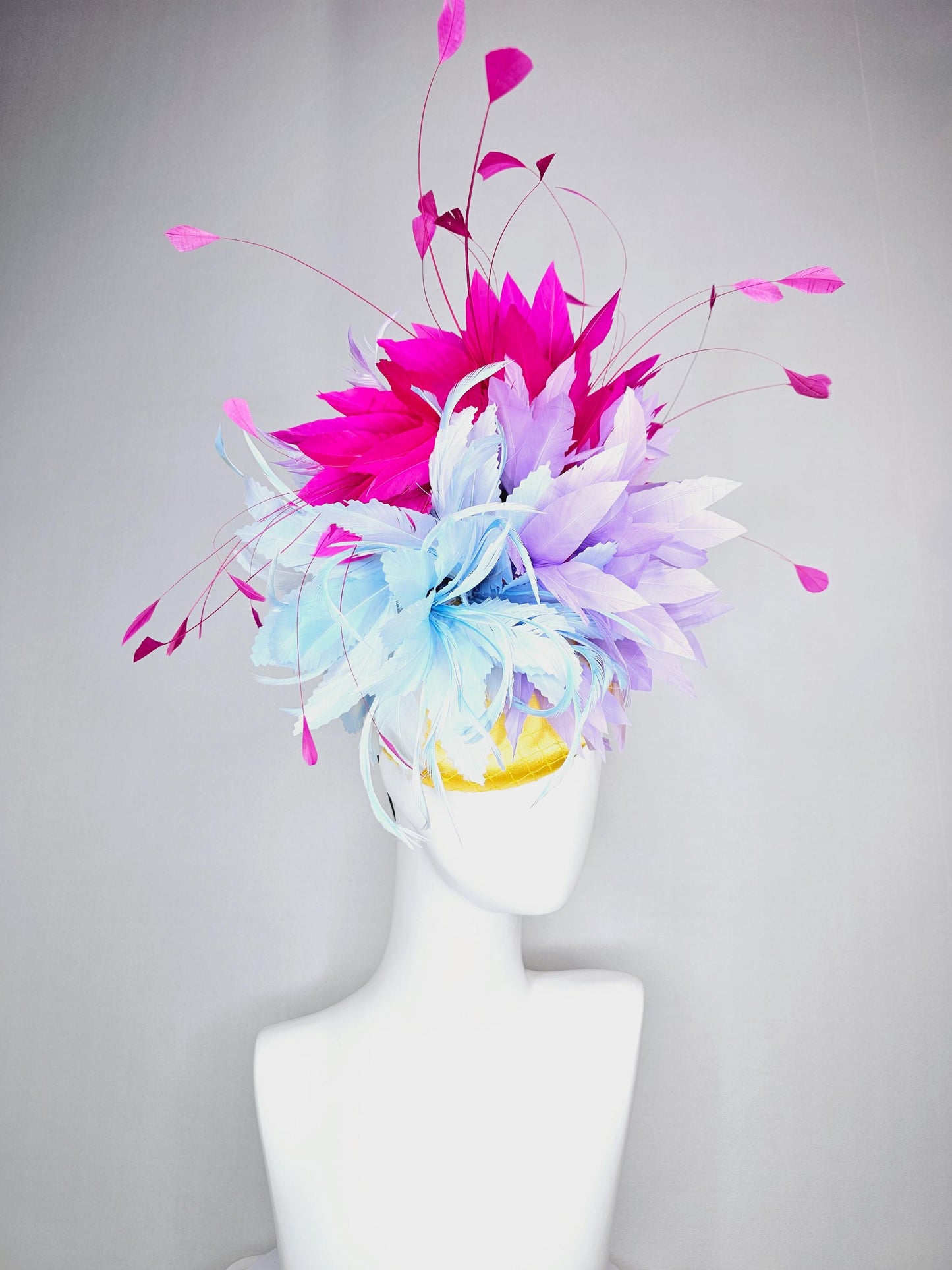 kentucky derby hat fascinator colorful yellow satin with netting baby blue and lavender purple feather flowers bright pink feathers