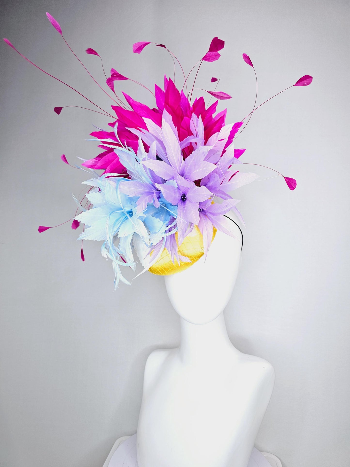 kentucky derby hat fascinator colorful yellow satin with netting baby blue and lavender purple feather flowers bright pink feathers