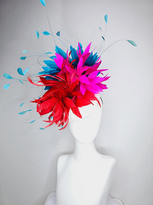 kentucky derby hat fascinator colorful white satin with netting scarlet red and bright fuchsia pink feather flowers and teal blue feathers