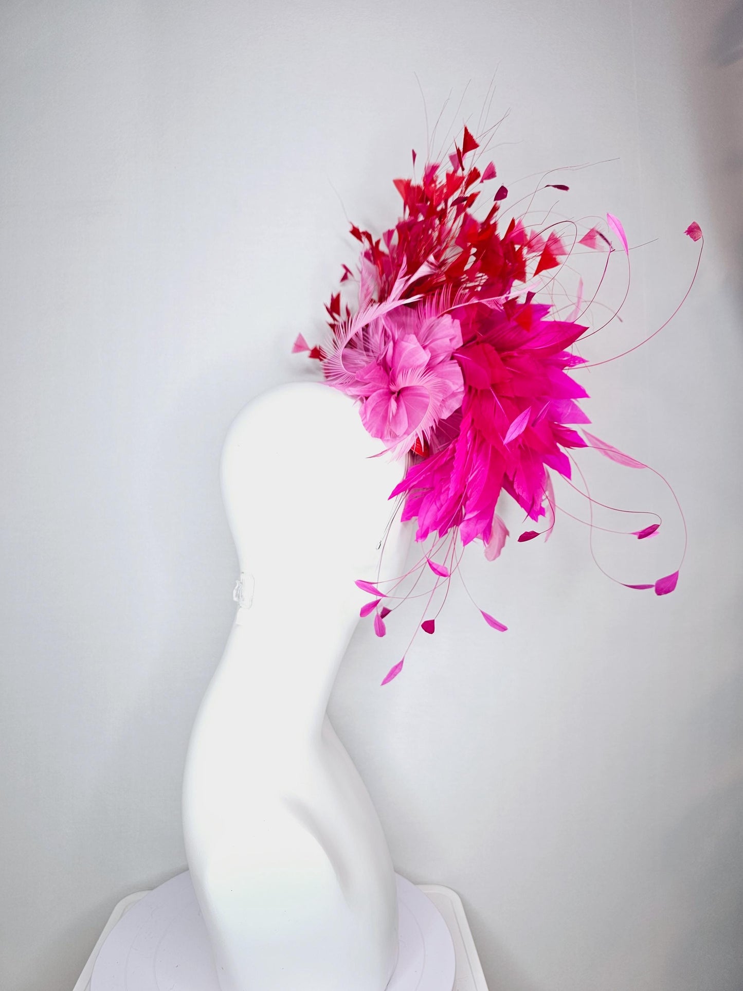 kentucky derby hat fascinator Swarovski crystal headband with fluffy baby pink bright pink feather flower and scarlet red branching feathers