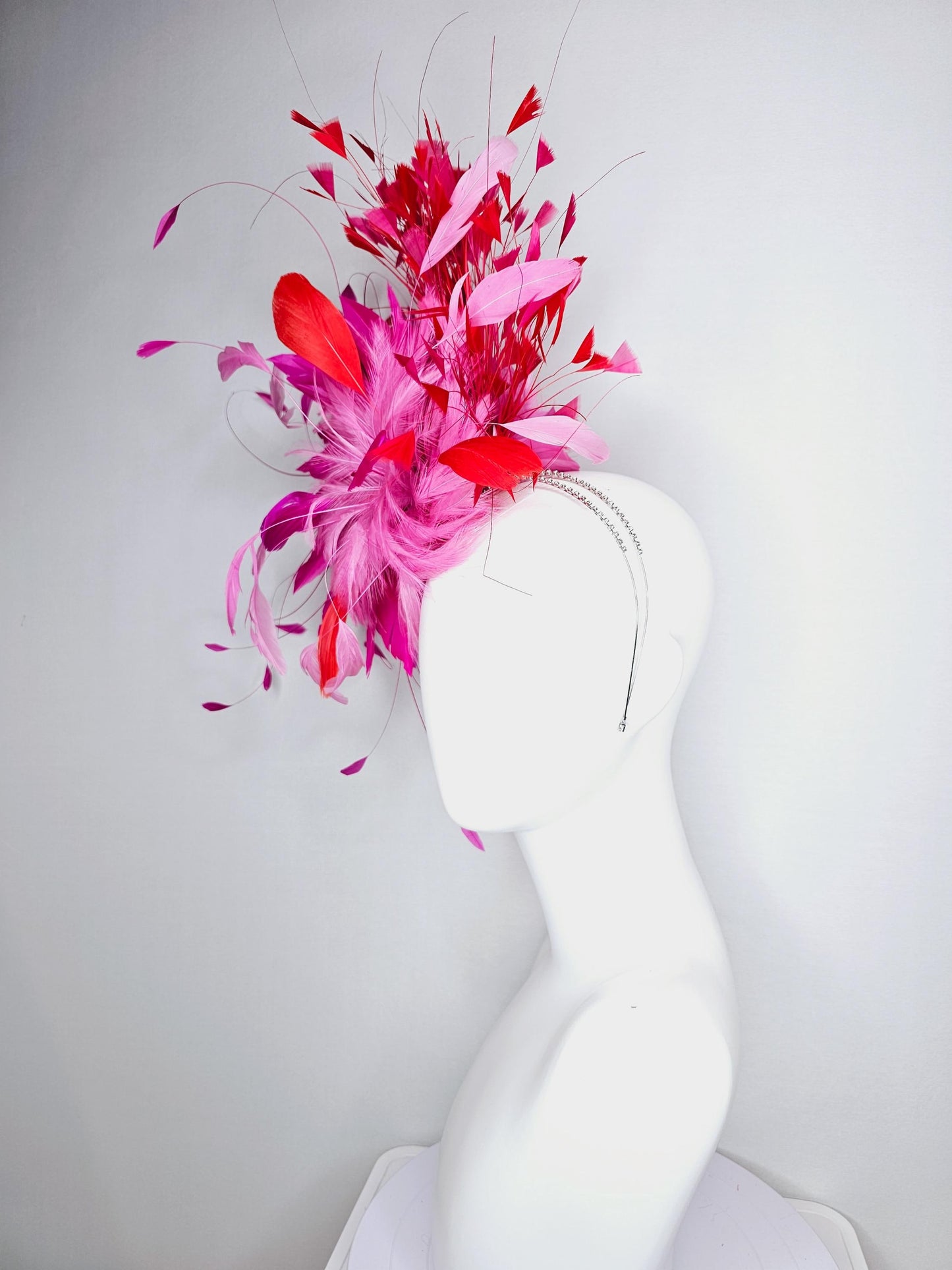 kentucky derby hat fascinator Swarovski crystal headband with fluffy baby pink bright pink feather flower and scarlet red branching feathers