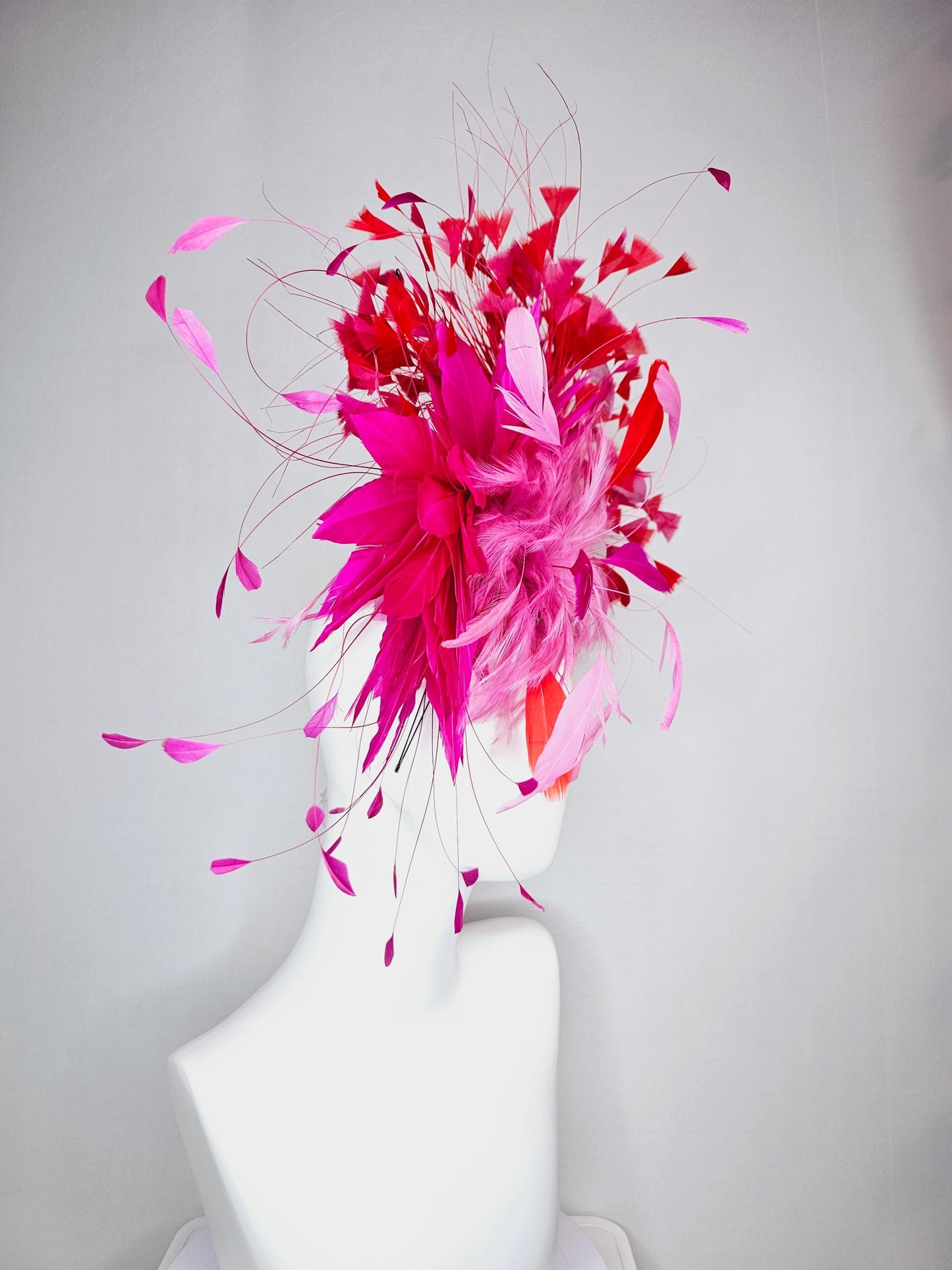kentucky derby hat fascinator Swarovski crystal headband with fluffy baby pink bright pink feather flower and scarlet red branching feathers