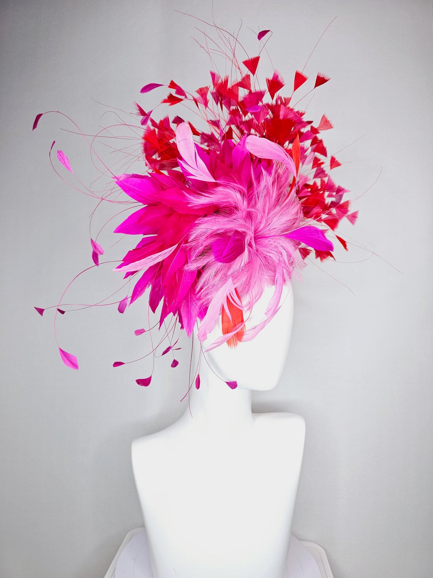 kentucky derby hat fascinator Swarovski crystal headband with fluffy baby pink bright pink feather flower and scarlet red branching feathers