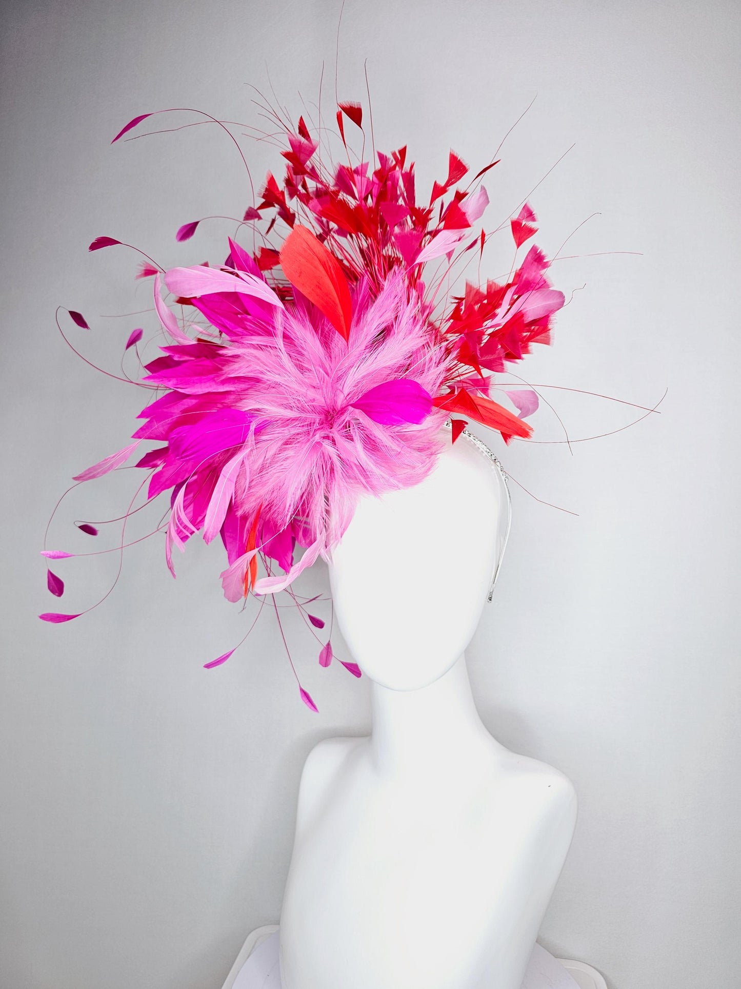 kentucky derby hat fascinator Swarovski crystal headband with fluffy baby pink bright pink feather flower and scarlet red branching feathers