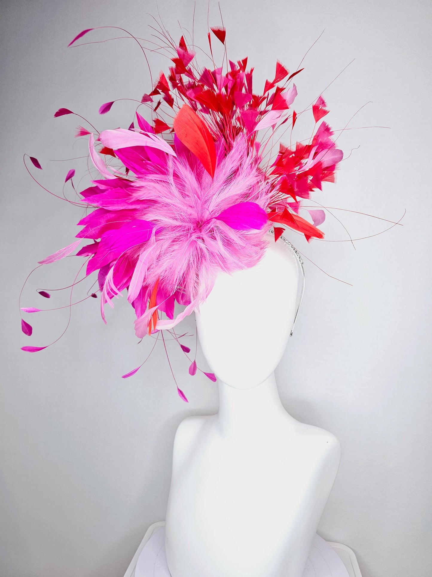 kentucky derby hat fascinator Swarovski crystal headband with fluffy baby pink bright pink feather flower and scarlet red branching feathers