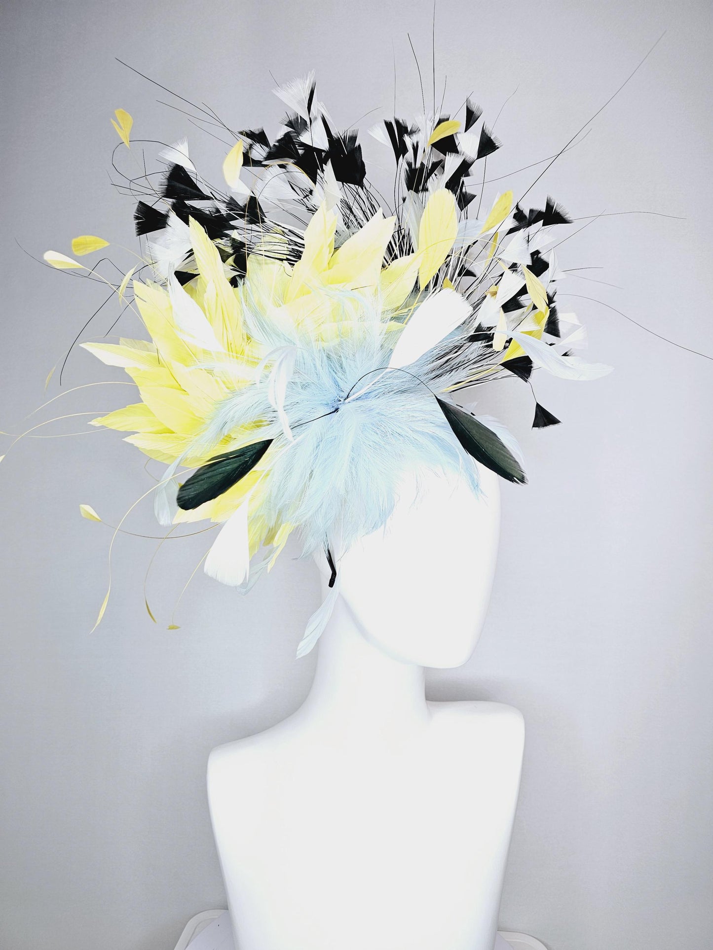 kentucky derby hat fascinator fluffy baby blue feather flower with colorful yellow white black branching feathers