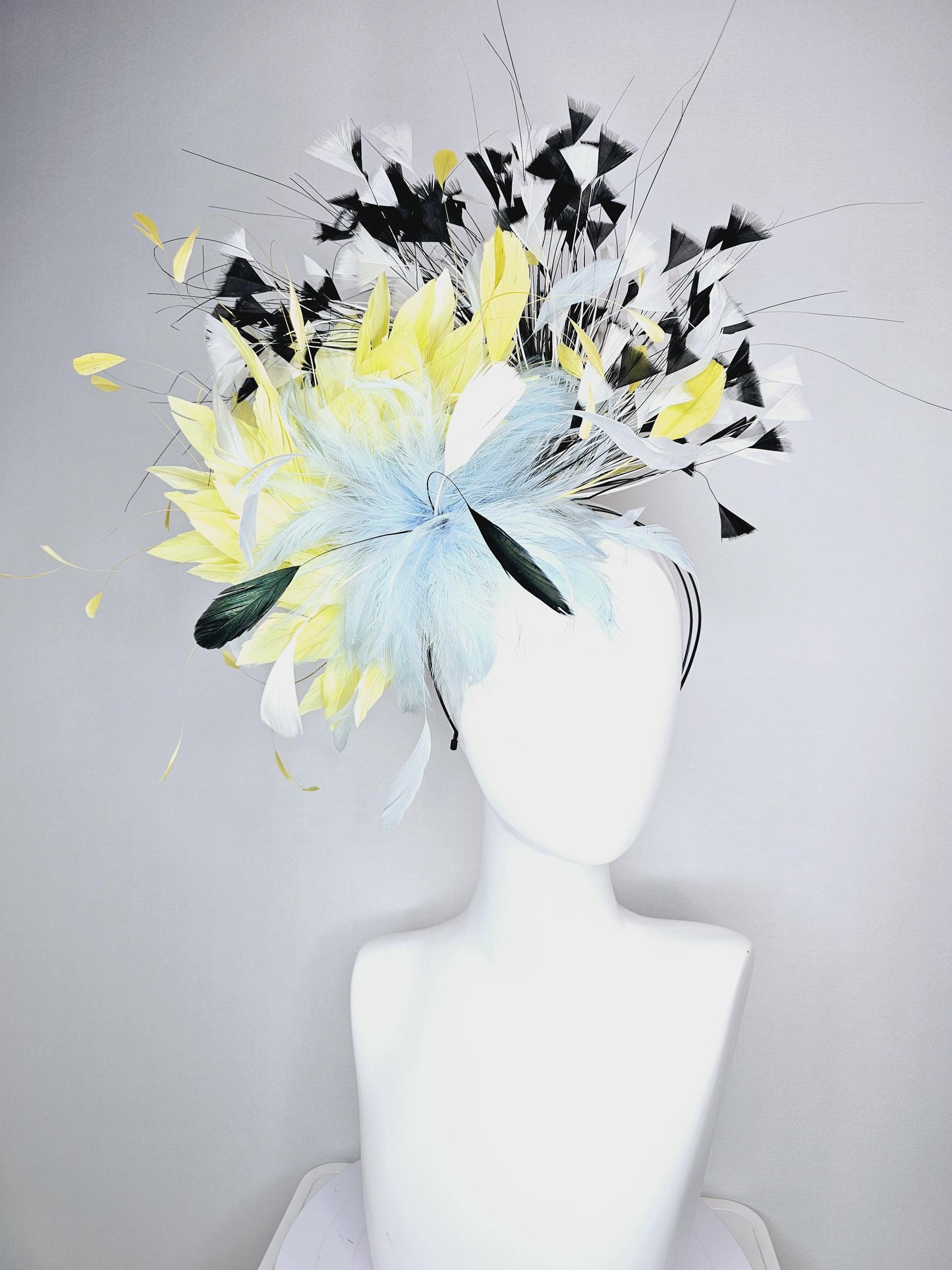 kentucky derby hat fascinator fluffy baby blue feather flower with colorful yellow white black branching feathers