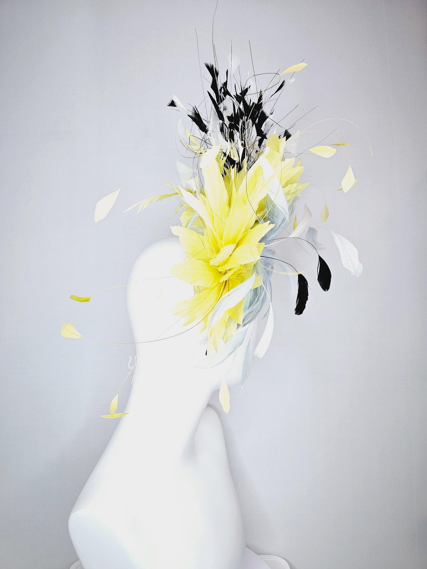kentucky derby hat fascinator fluffy baby blue feather flower with colorful yellow white black branching feathers