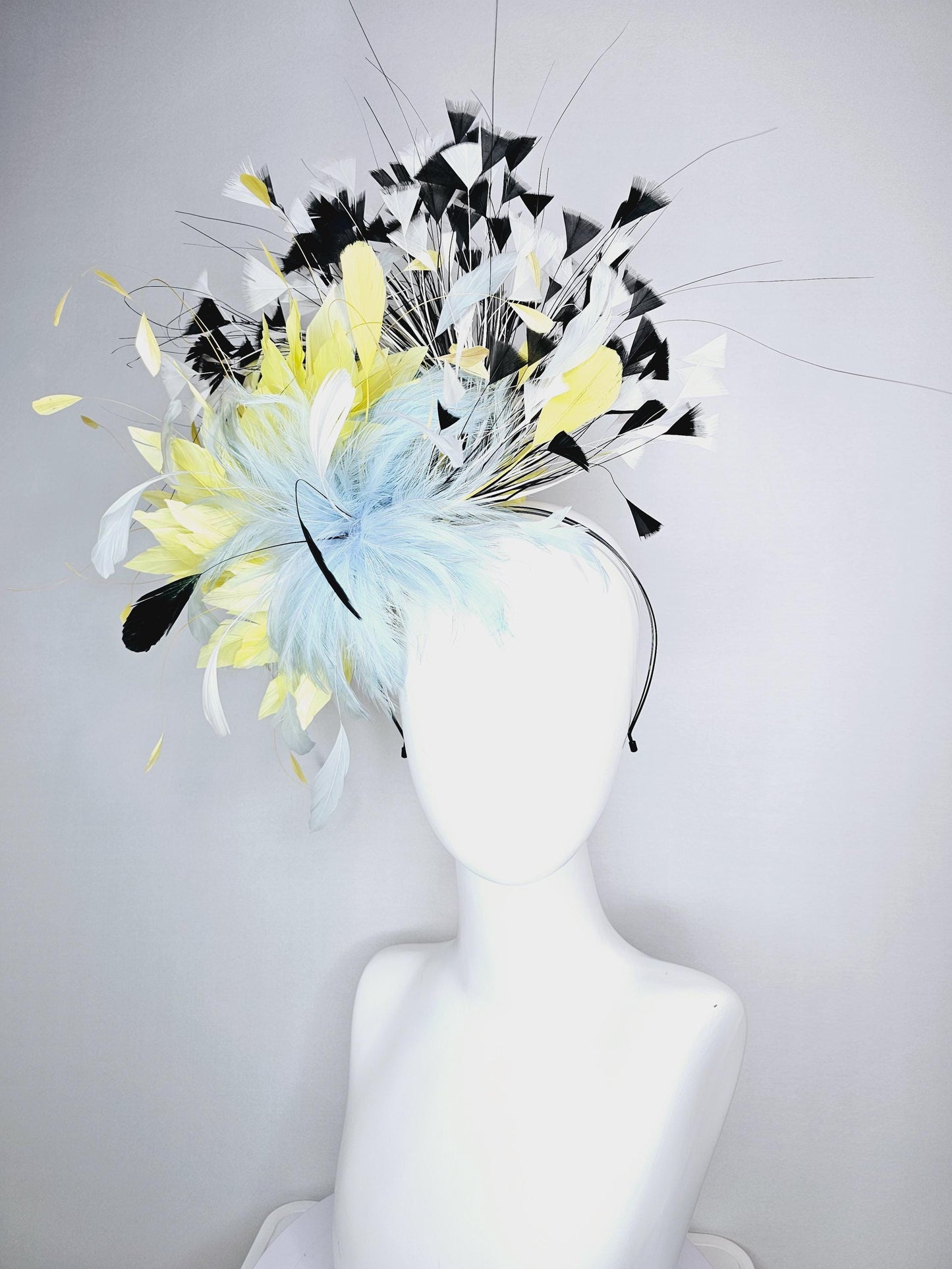 kentucky derby hat fascinator fluffy baby blue feather flower with colorful yellow white black branching feathers