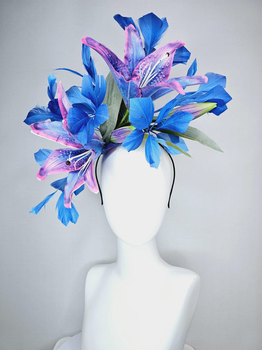 kentucky derby hat fascinator cobalt blue and pink ombre satin silk flowers with pastel green leaves and cobalt blue branching feathers