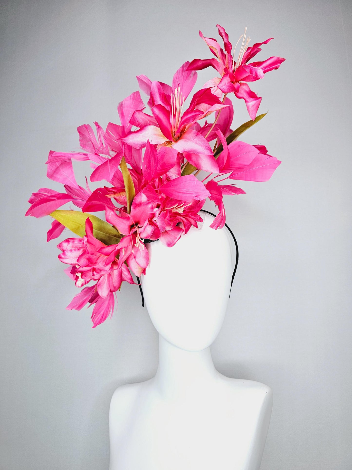 kentucky derby hat fascinator raspberry pink ombre satin silk flowers with green leaves and hot fuchsia pink branching feathers