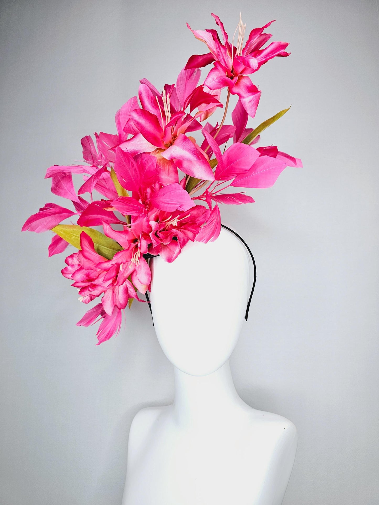 kentucky derby hat fascinator raspberry pink ombre satin silk flowers with green leaves and hot fuchsia pink branching feathers