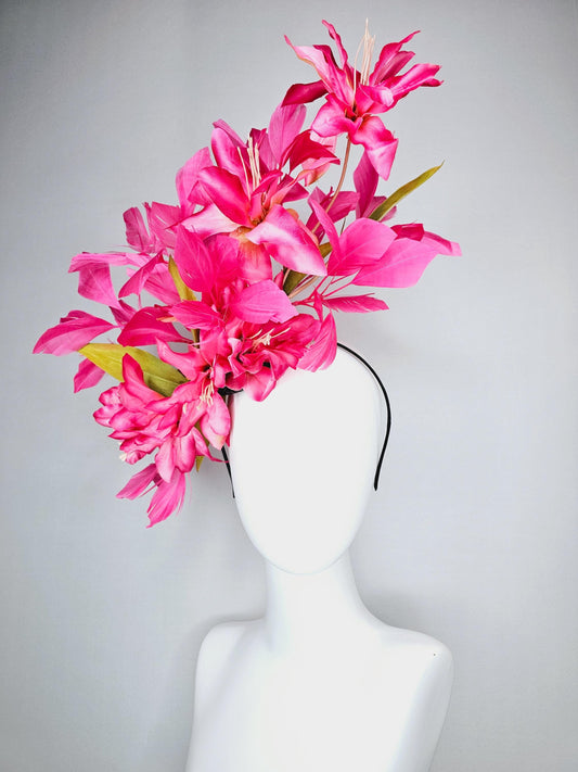 kentucky derby hat fascinator raspberry pink ombre satin silk flowers with green leaves and hot fuchsia pink branching feathers