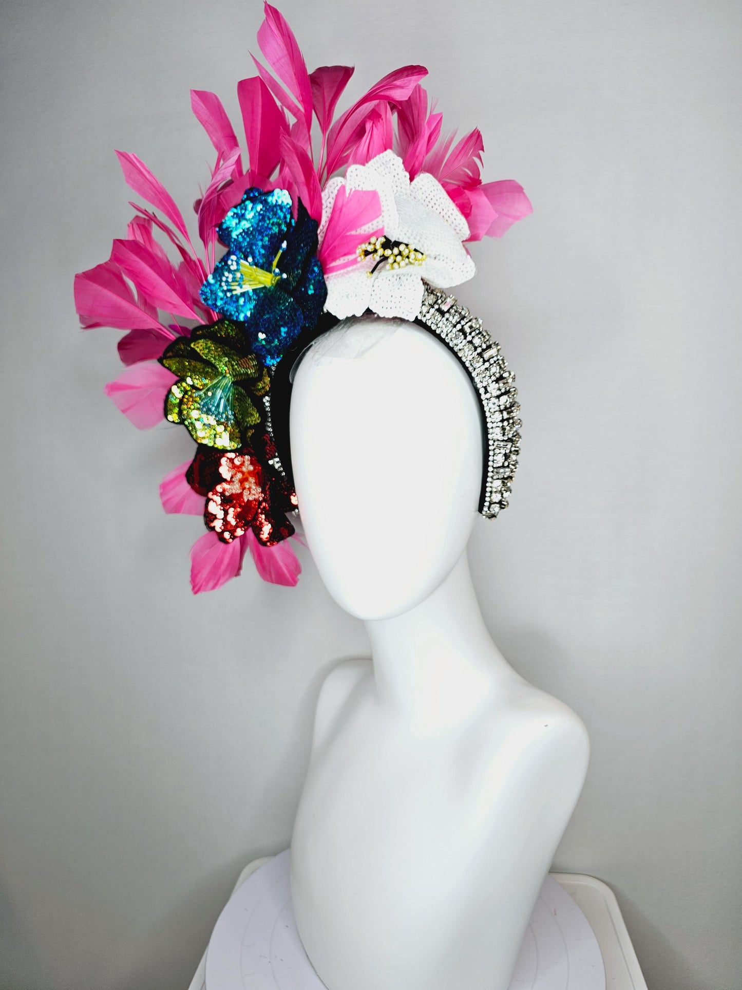 kentucky derby hat fascinator crystal jewel beaded headband with colorful sequin red green blue and white beaded flowers hot pink feathers