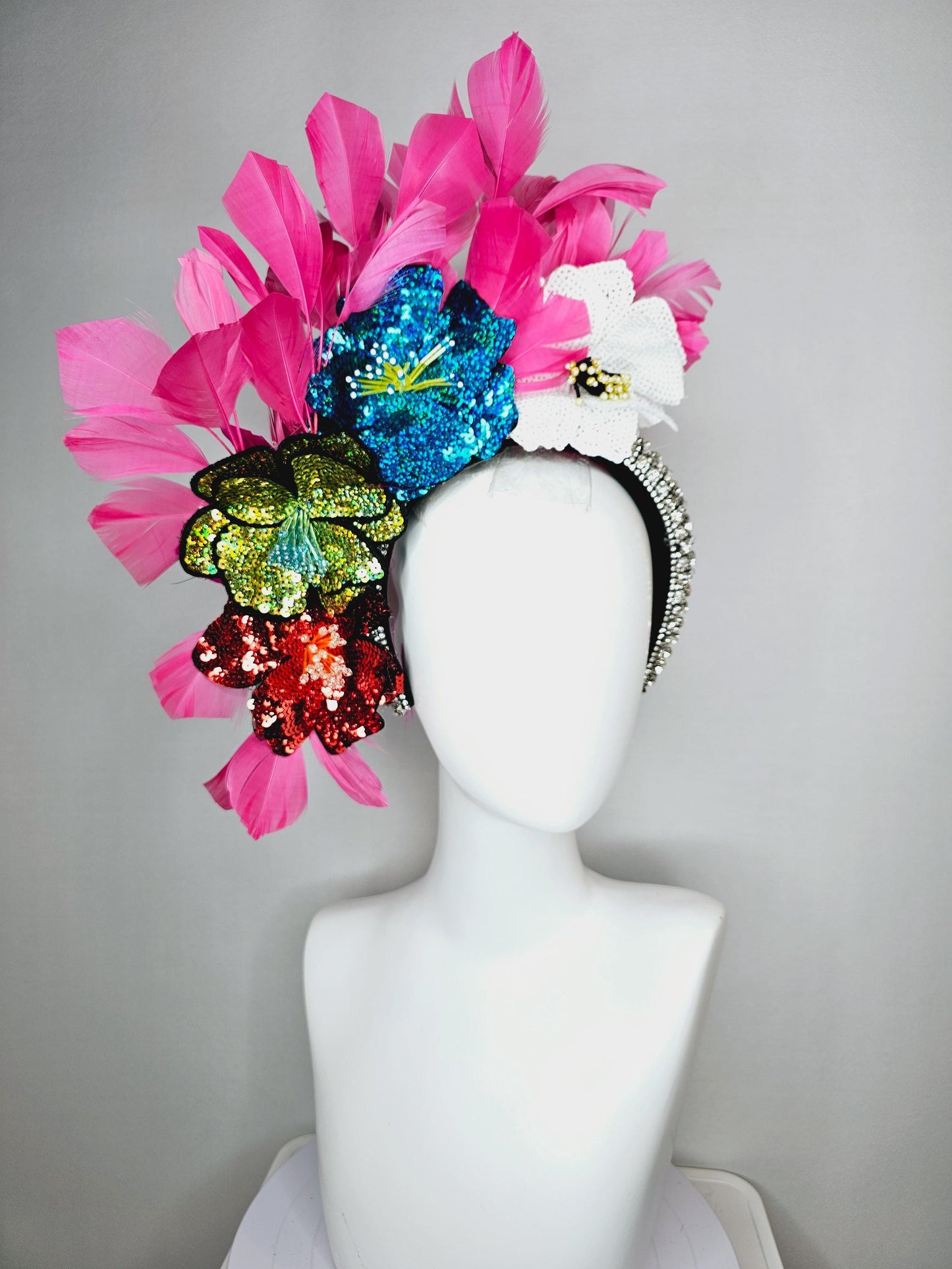 kentucky derby hat fascinator crystal jewel beaded headband with colorful sequin red green blue and white beaded flowers hot pink feathers