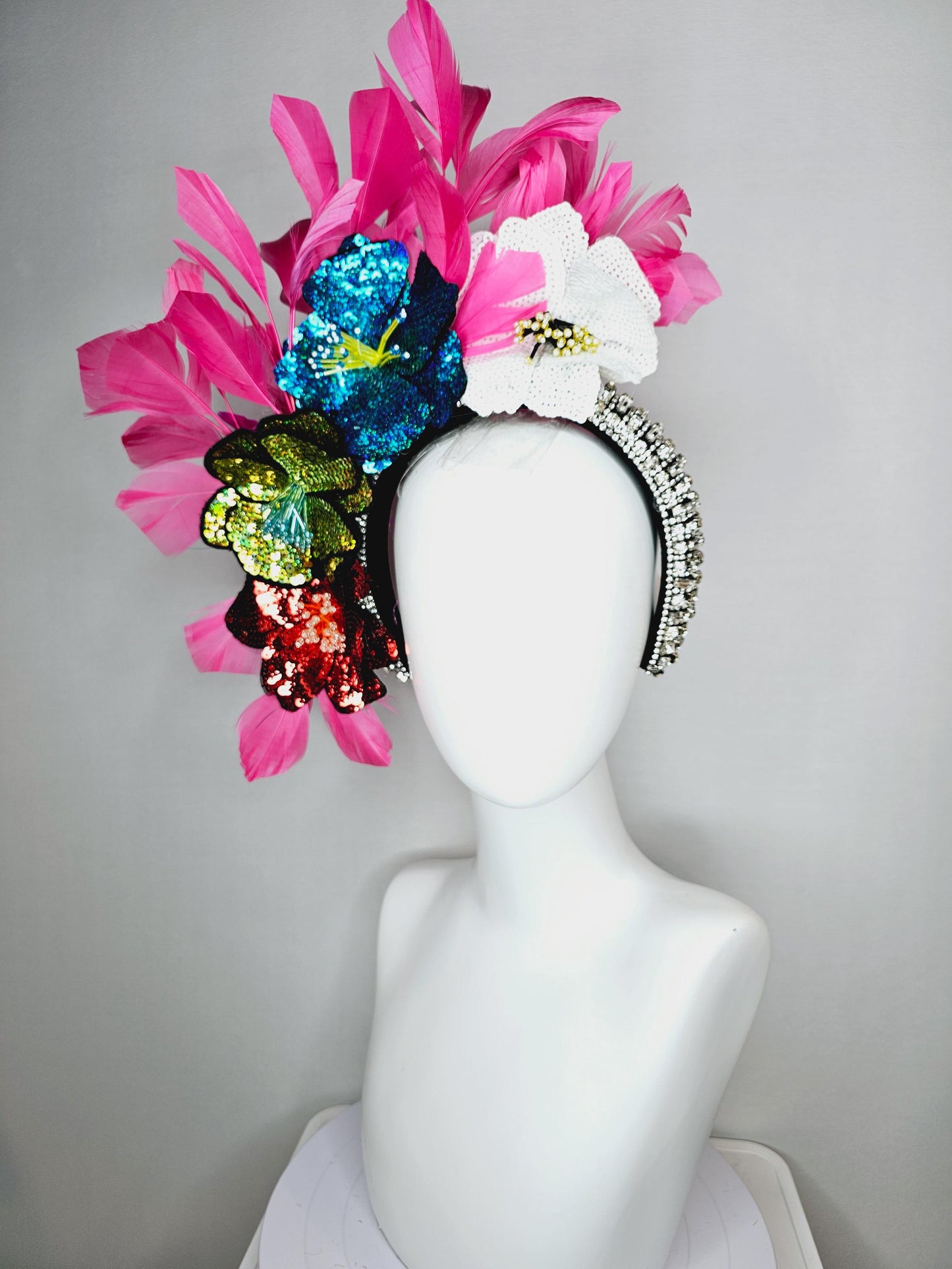 kentucky derby hat fascinator crystal jewel beaded headband with colorful sequin red green blue and white beaded flowers hot pink feathers