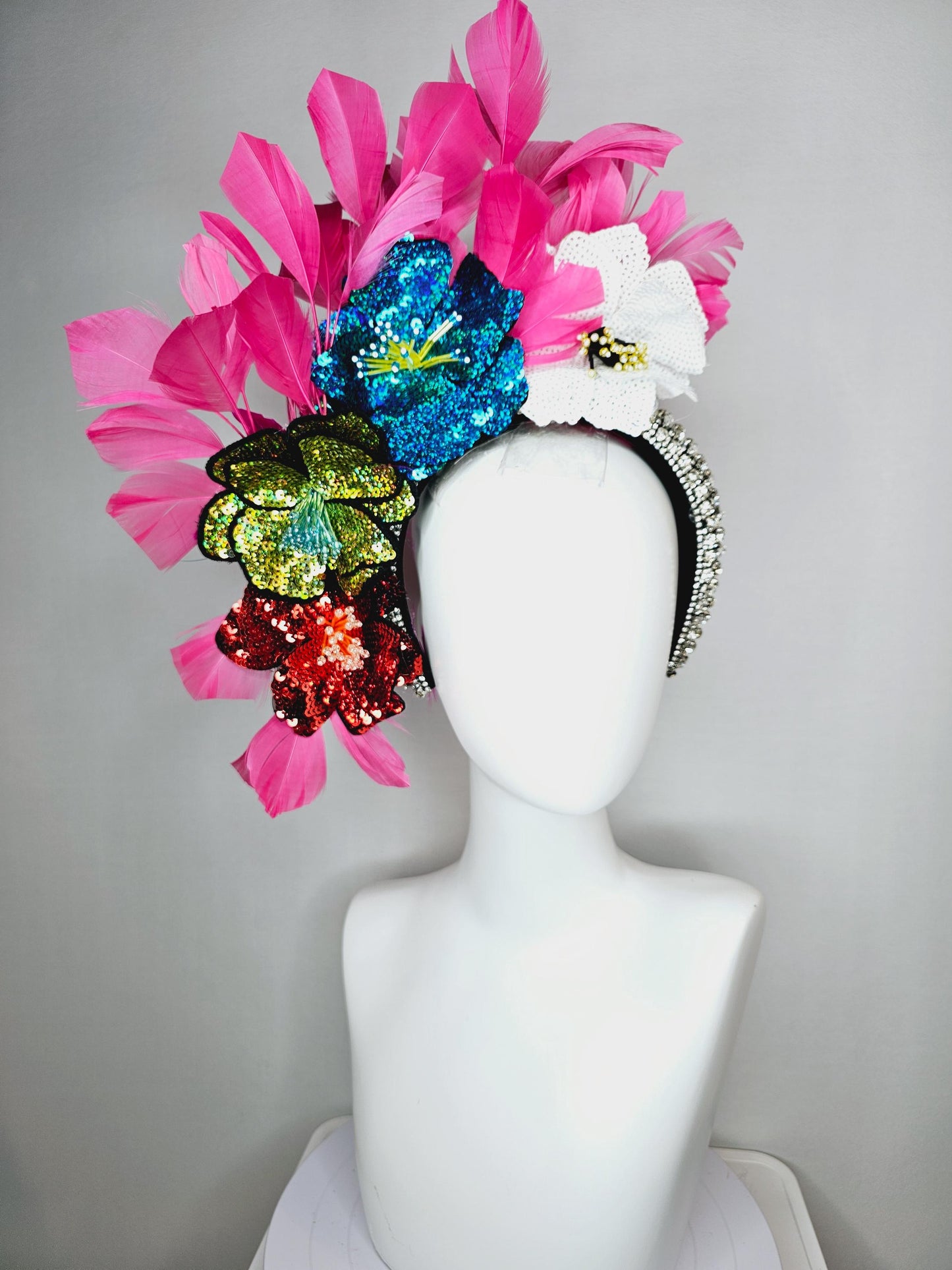 kentucky derby hat fascinator crystal jewel beaded headband with colorful sequin red green blue and white beaded flowers hot pink feathers