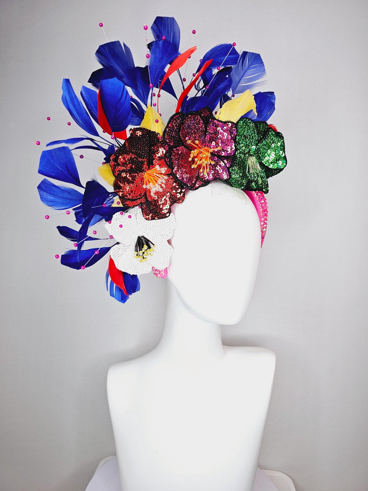 kentucky derby hat fascinator iridescent pink crystal headband colorful sequin white red pink green beaded flowers cobalt blue red feathers