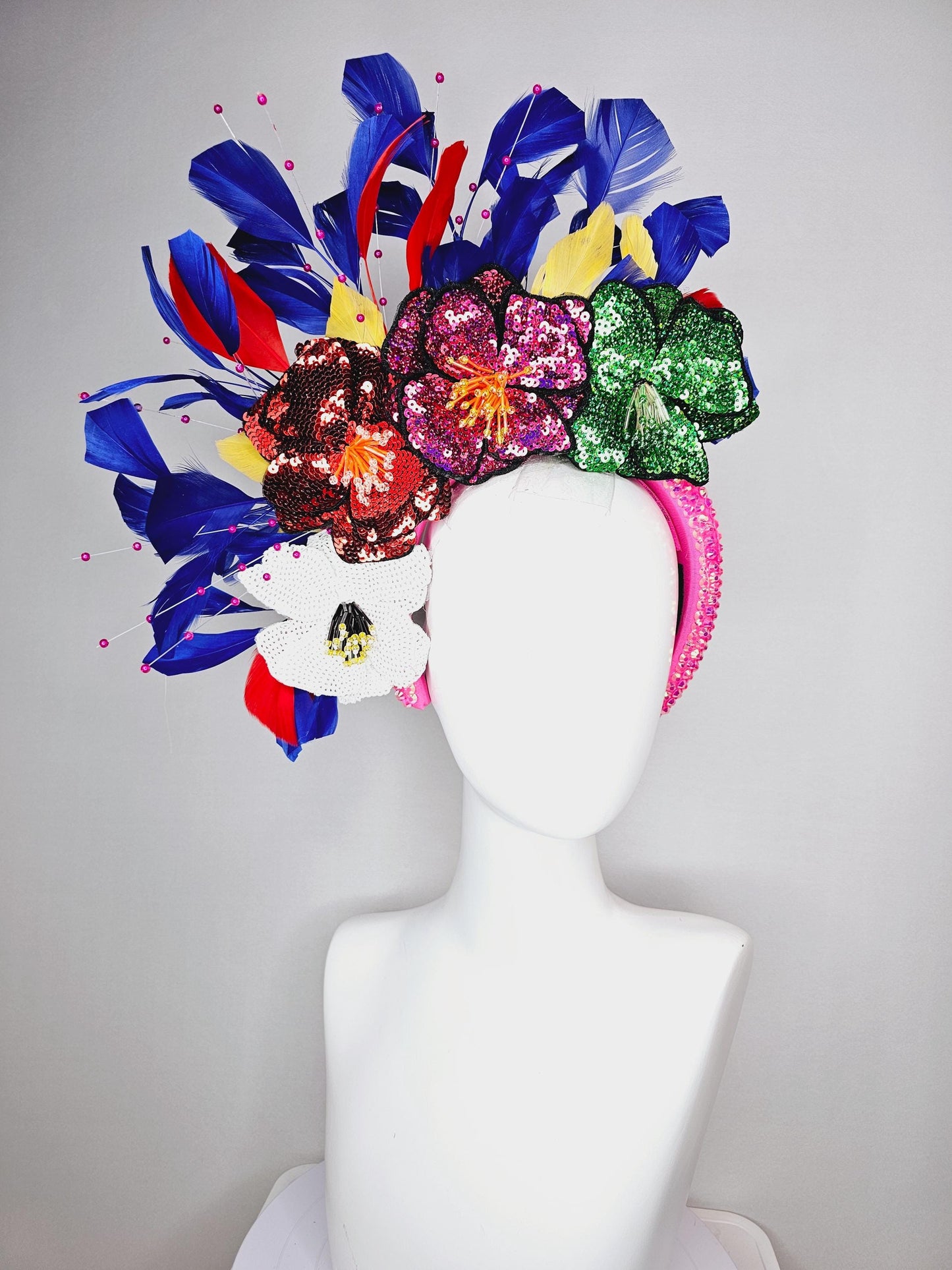 kentucky derby hat fascinator iridescent pink crystal headband colorful sequin white red pink green beaded flowers cobalt blue red feathers
