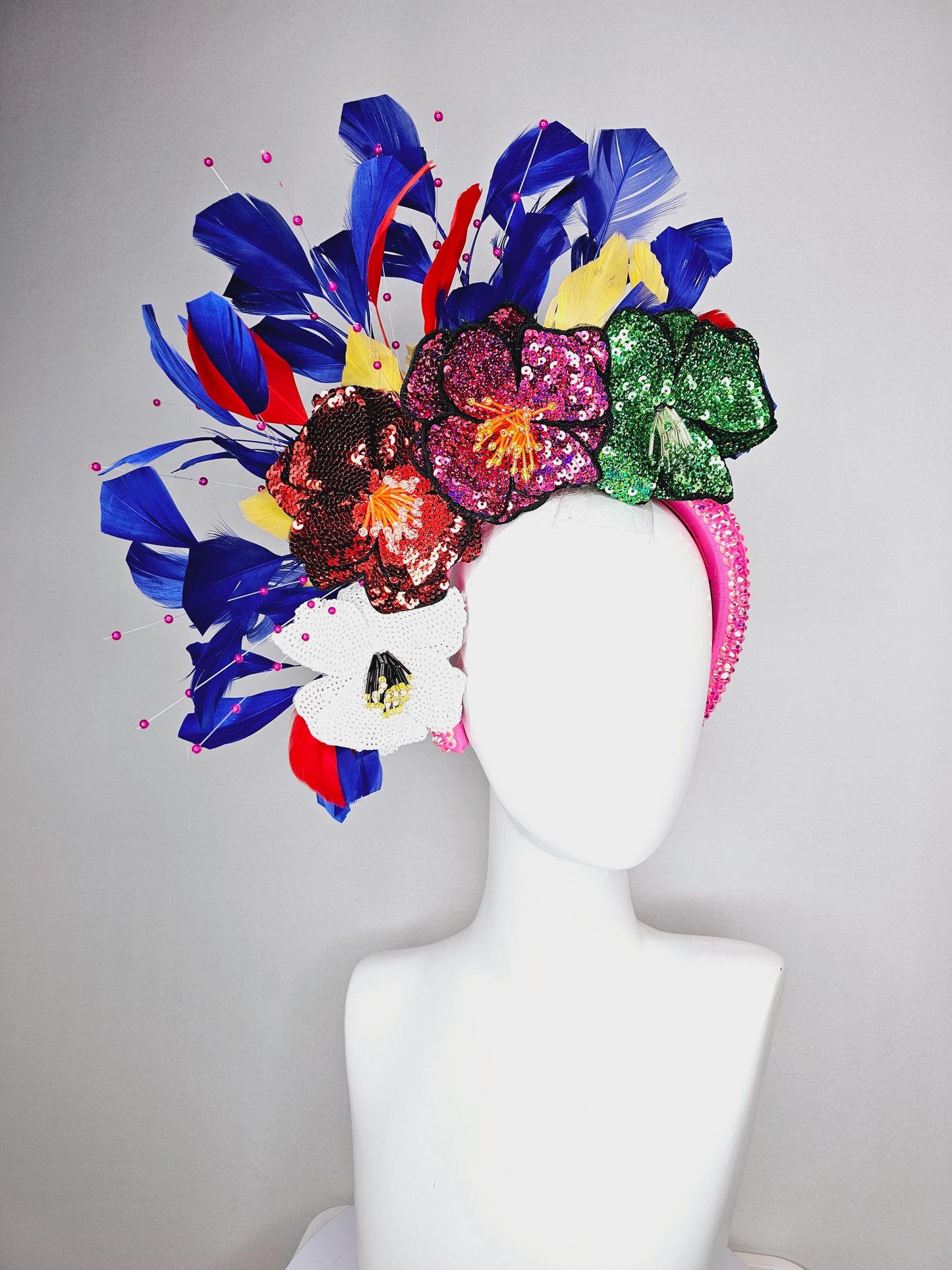 kentucky derby hat fascinator iridescent pink crystal headband colorful sequin white red pink green beaded flowers cobalt blue red feathers