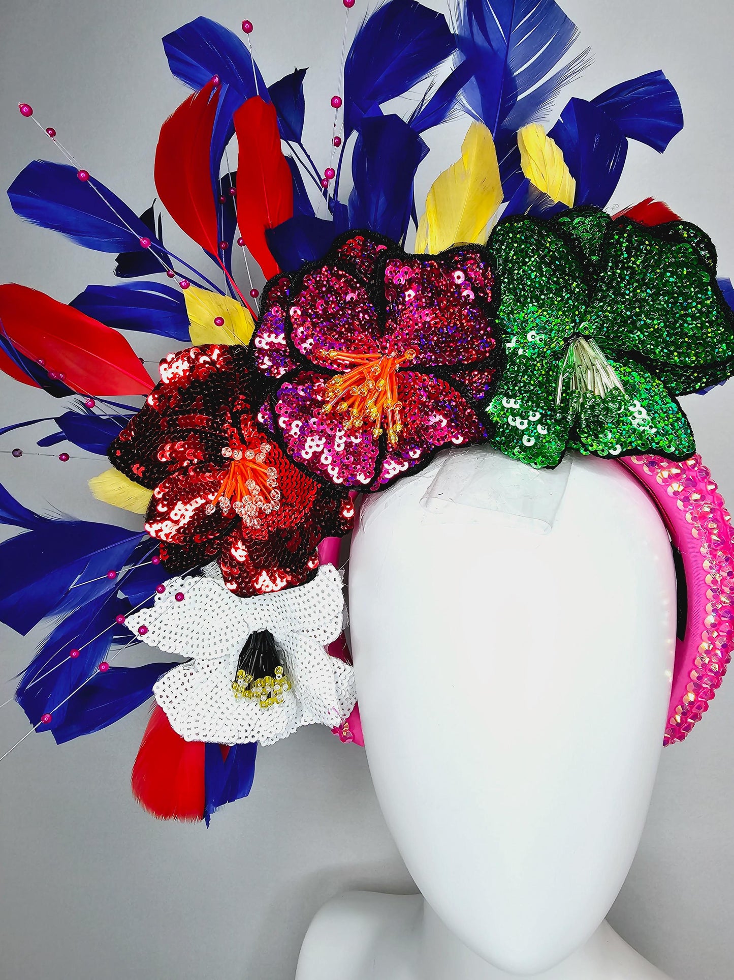 kentucky derby hat fascinator iridescent pink crystal headband colorful sequin white red pink green beaded flowers cobalt blue red feathers