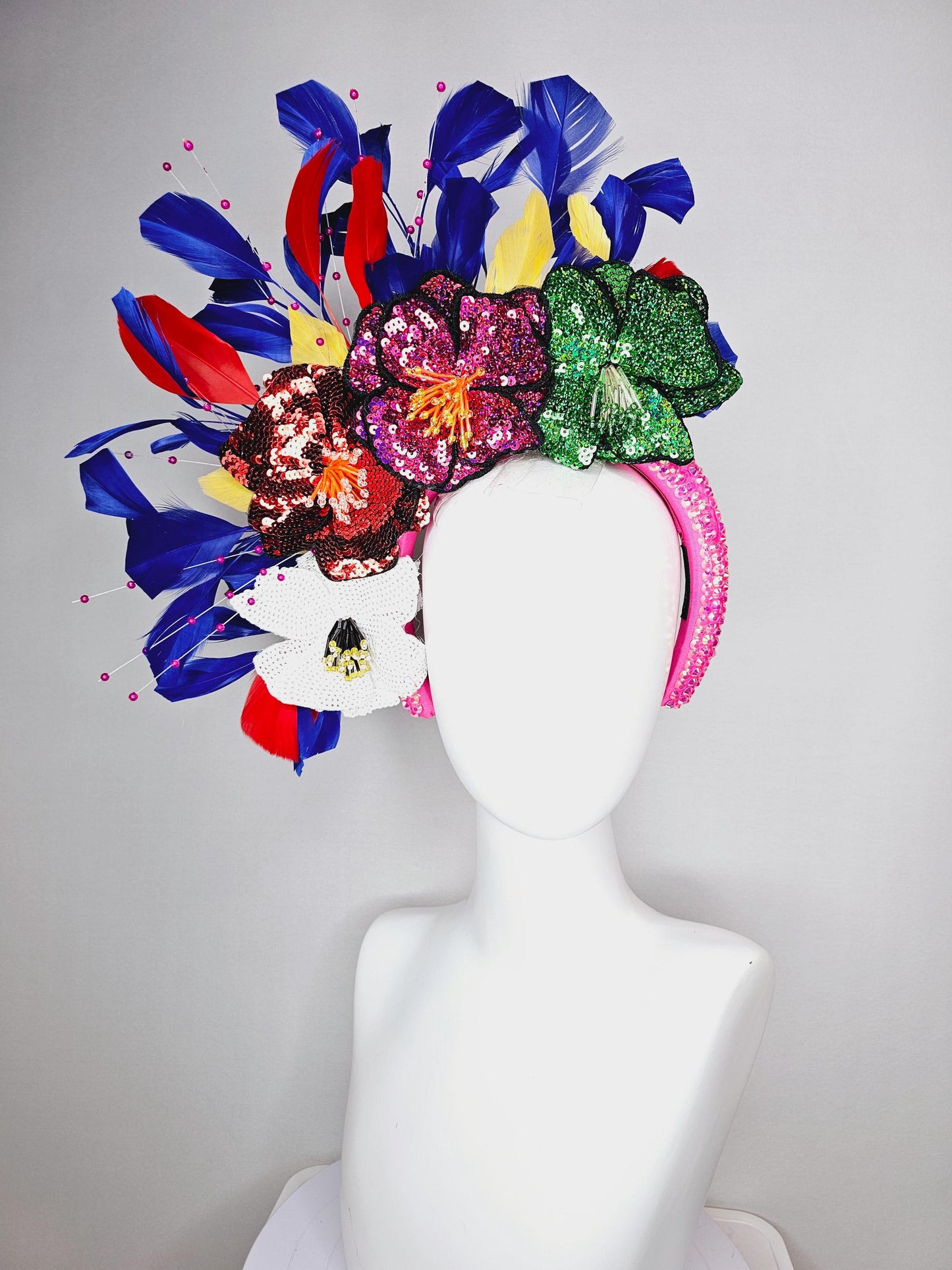 kentucky derby hat fascinator iridescent pink crystal headband colorful sequin white red pink green beaded flowers cobalt blue red feathers