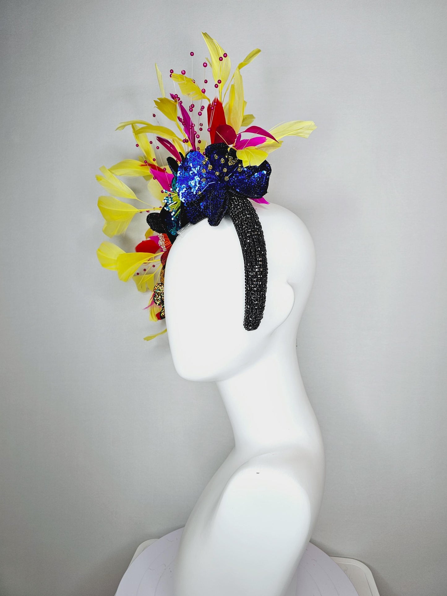 kentucky derby hat fascinator black crystal headband with colorful sequin gold red blue cobalt blue beaded flowers yellow pink red feathers
