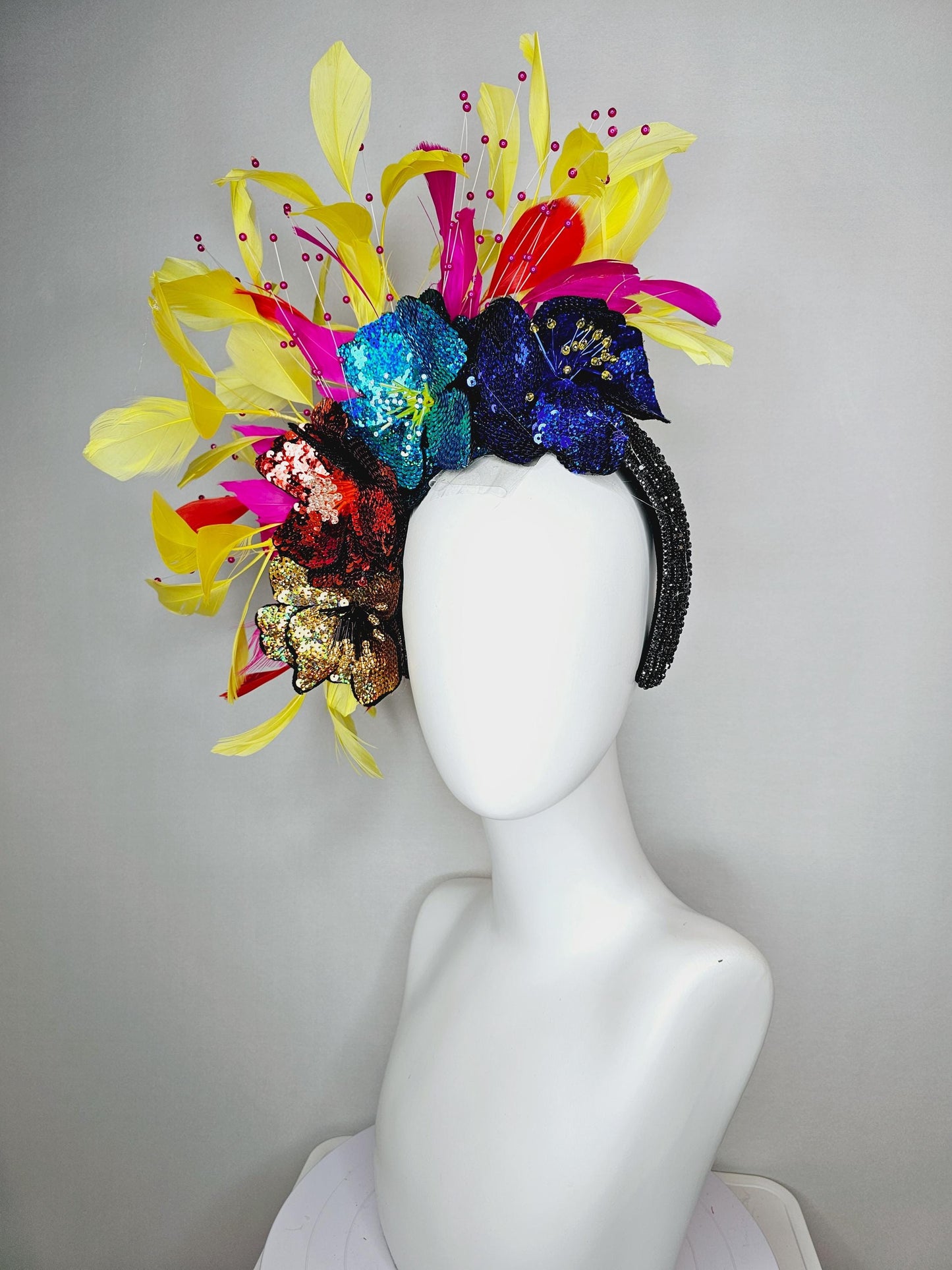kentucky derby hat fascinator black crystal headband with colorful sequin gold red blue cobalt blue beaded flowers yellow pink red feathers