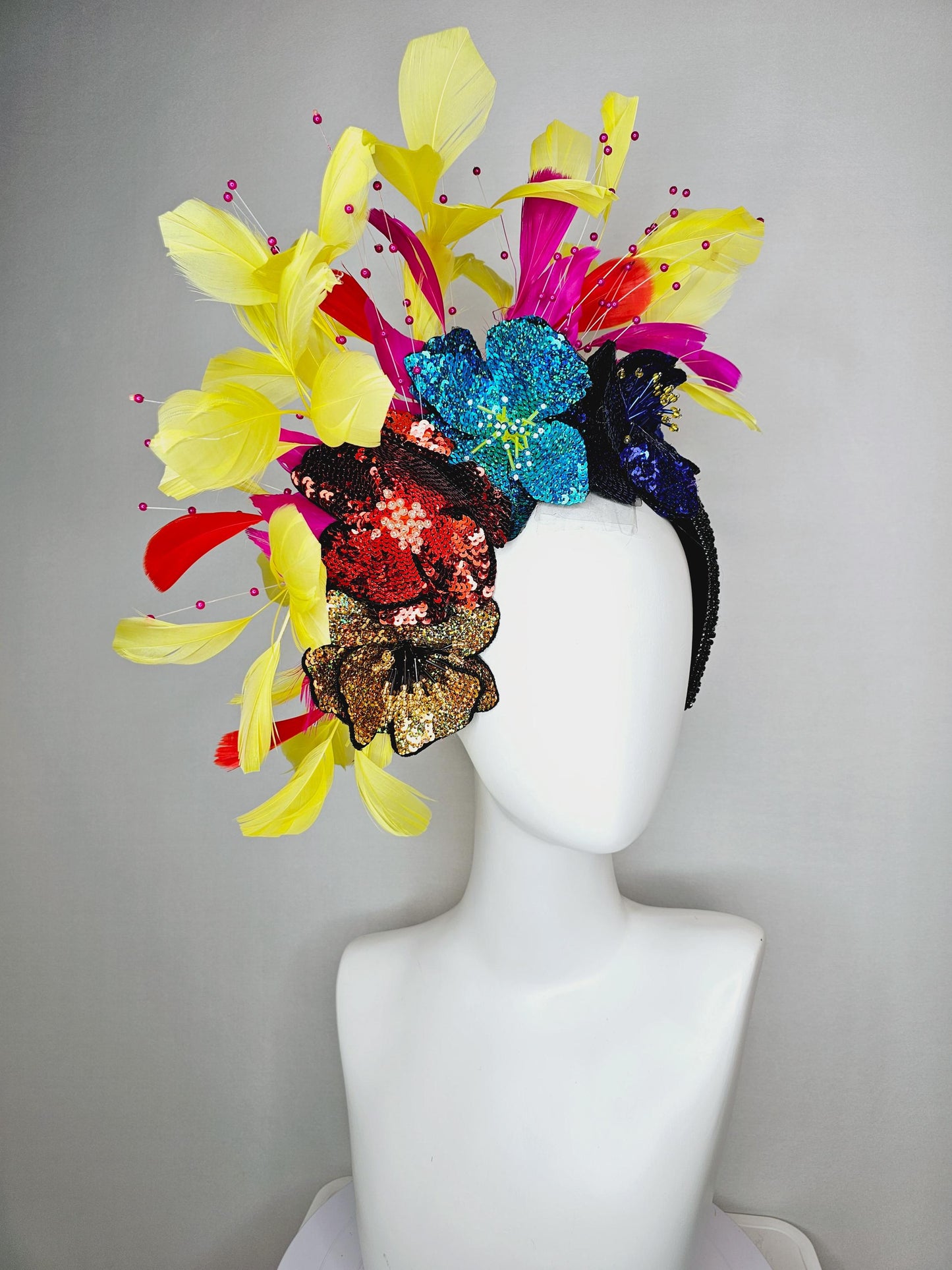 kentucky derby hat fascinator black crystal headband with colorful sequin gold red blue cobalt blue beaded flowers yellow pink red feathers