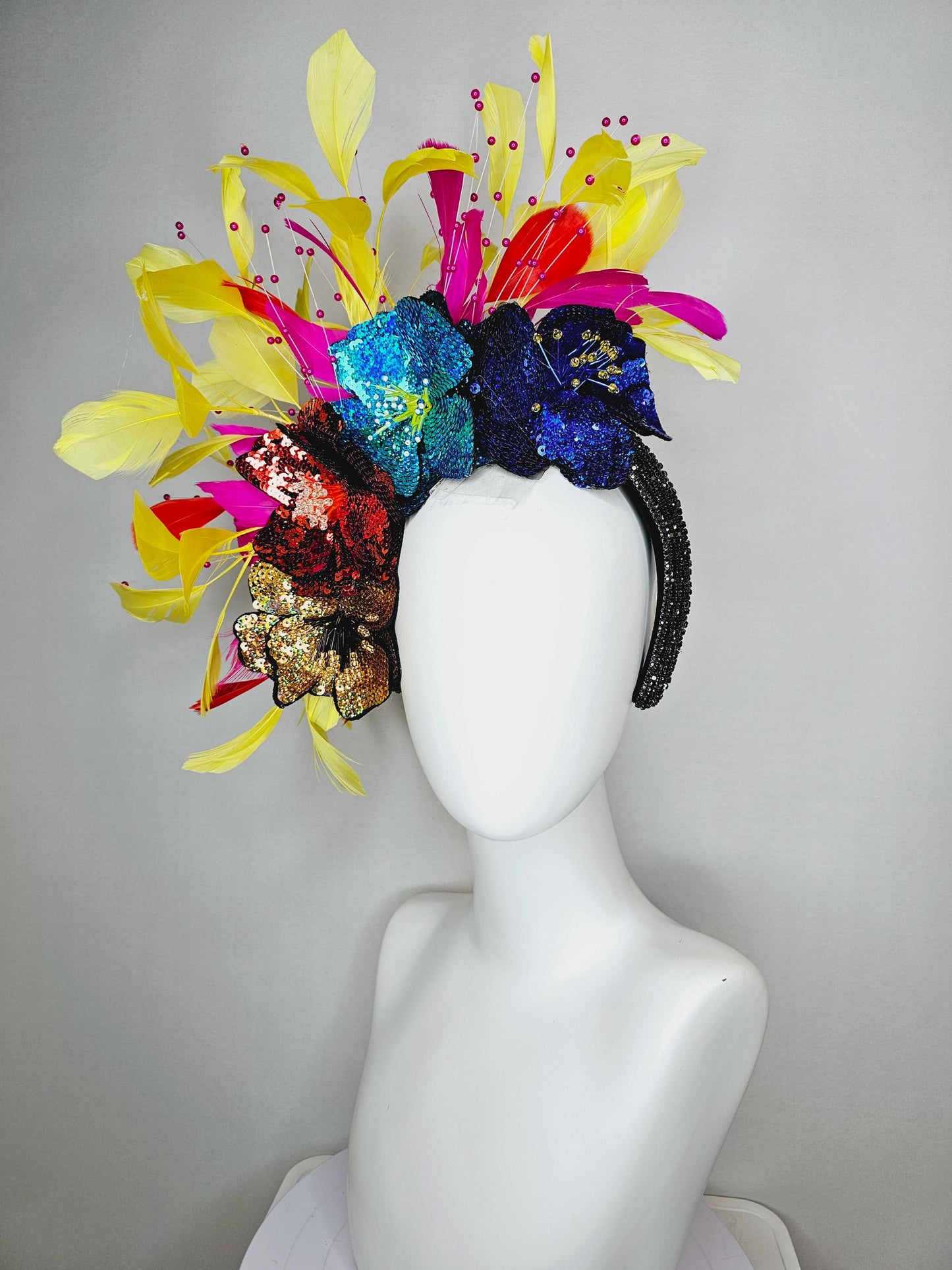 kentucky derby hat fascinator black crystal headband with colorful sequin gold red blue cobalt blue beaded flowers yellow pink red feathers