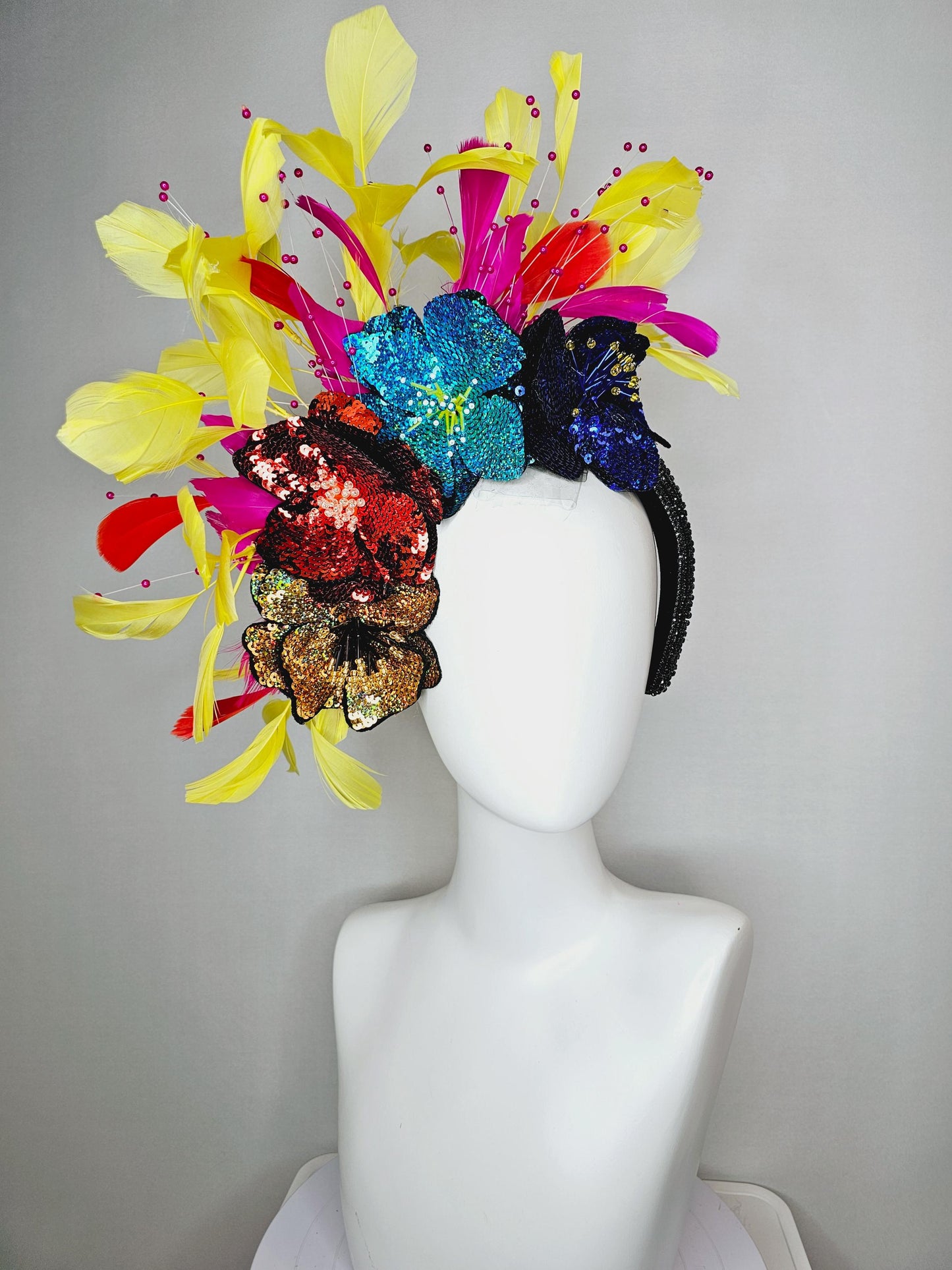 kentucky derby hat fascinator black crystal headband with colorful sequin gold red blue cobalt blue beaded flowers yellow pink red feathers