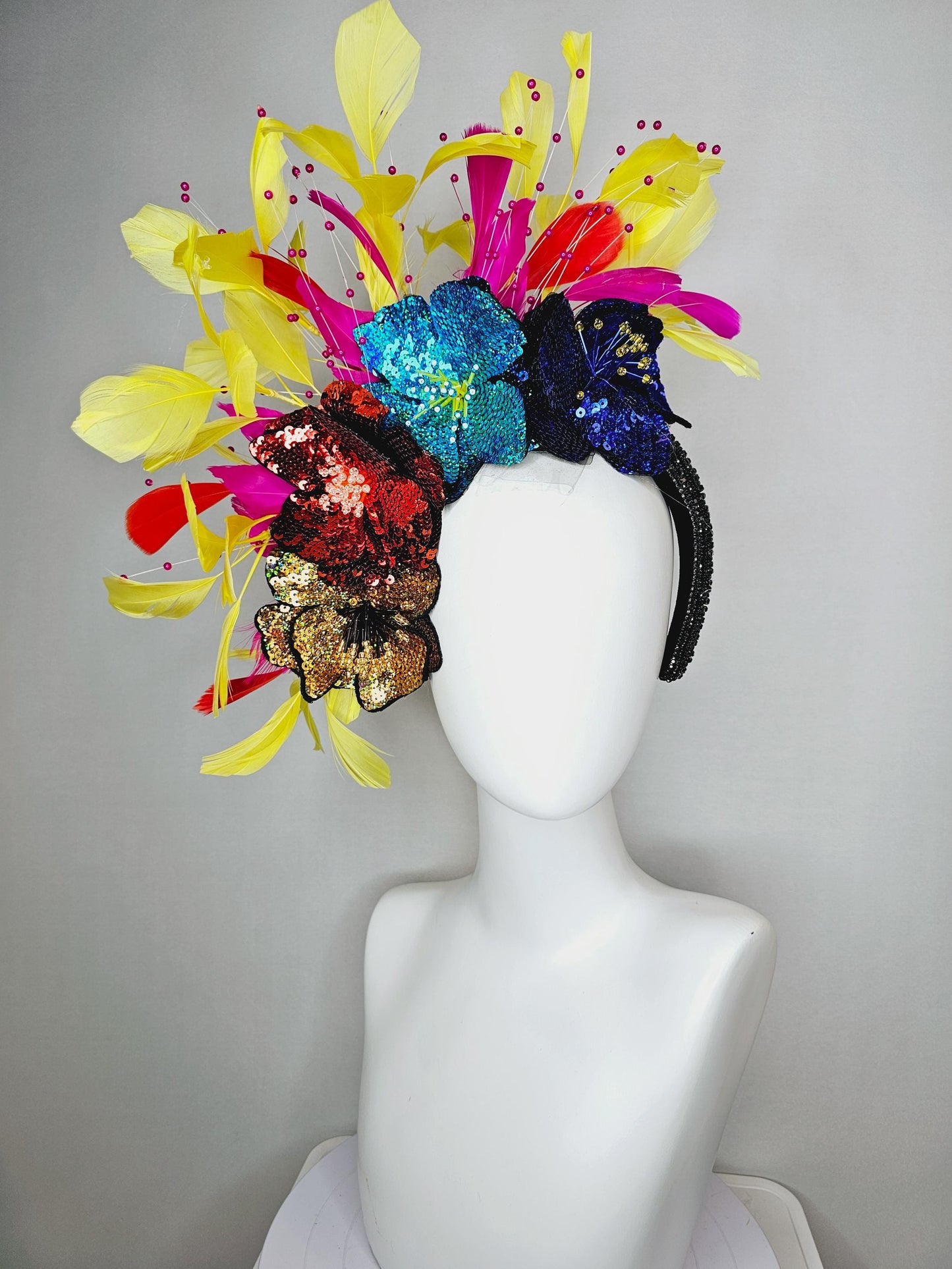 kentucky derby hat fascinator black crystal headband with colorful sequin gold red blue cobalt blue beaded flowers yellow pink red feathers