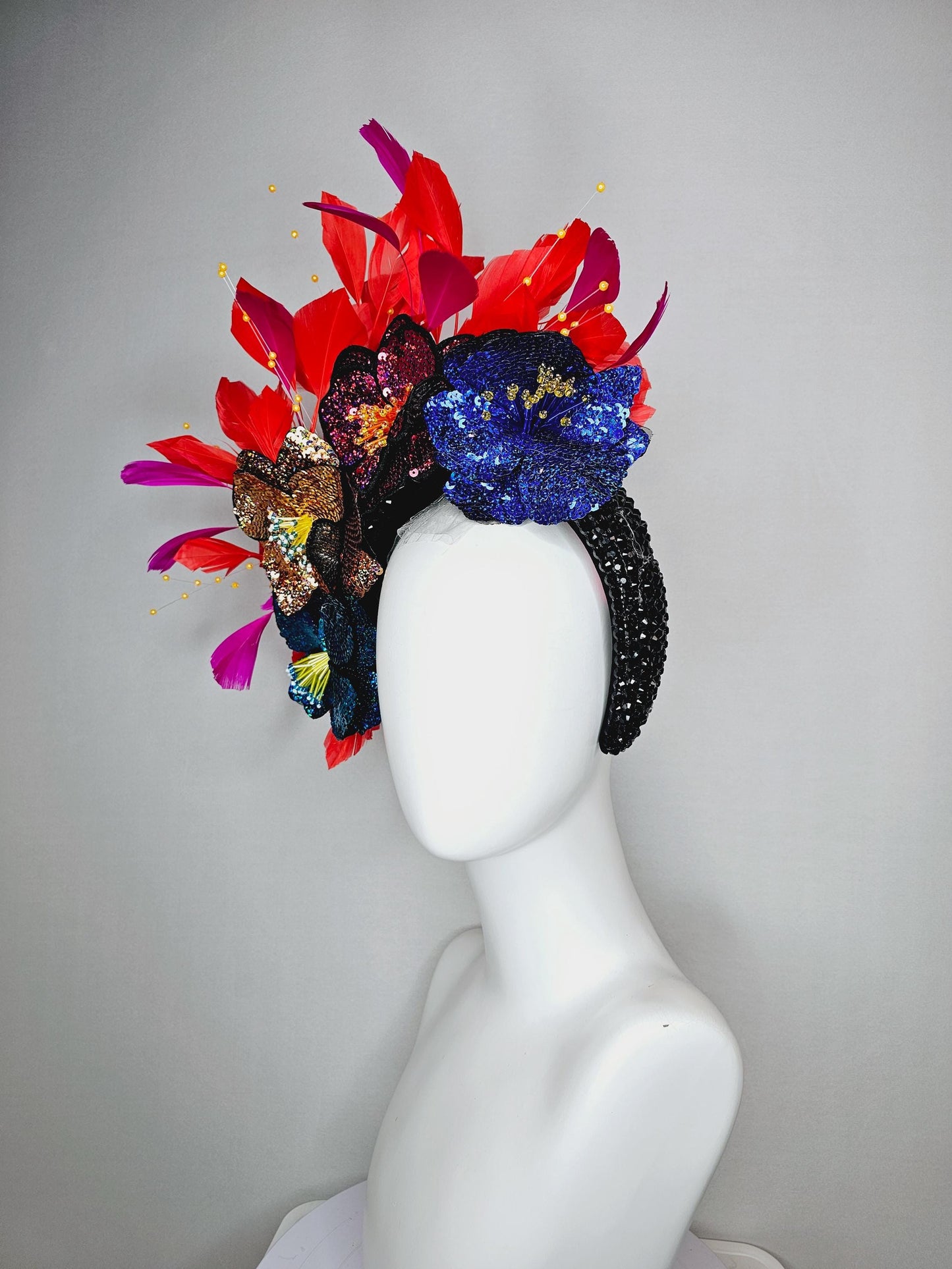 kentucky derby hat fascinator black crystal headband with colorful sequin blue gold pink cobalt blue beaded flowers pink red feathers