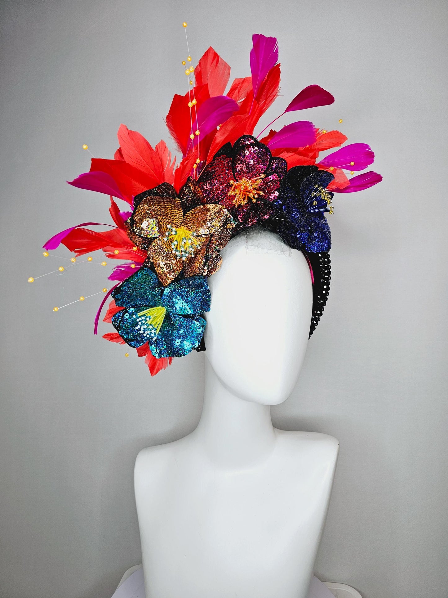 kentucky derby hat fascinator black crystal headband with colorful sequin blue gold pink cobalt blue beaded flowers pink red feathers