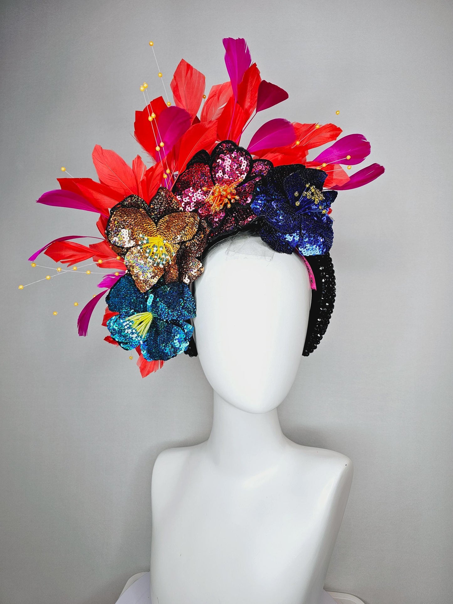 kentucky derby hat fascinator black crystal headband with colorful sequin blue gold pink cobalt blue beaded flowers pink red feathers
