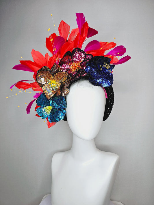 kentucky derby hat fascinator black crystal headband with colorful sequin blue gold pink cobalt blue beaded flowers pink red feathers