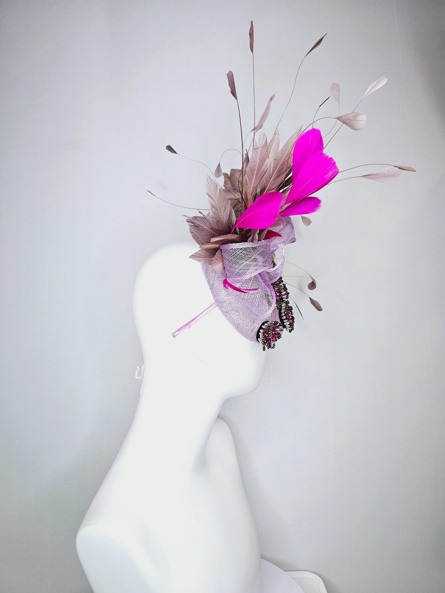 kentucky derby hat fascinator light lavender purple sinamay with bow and pearl jewels embroidered and pink beige brown taupe feathers