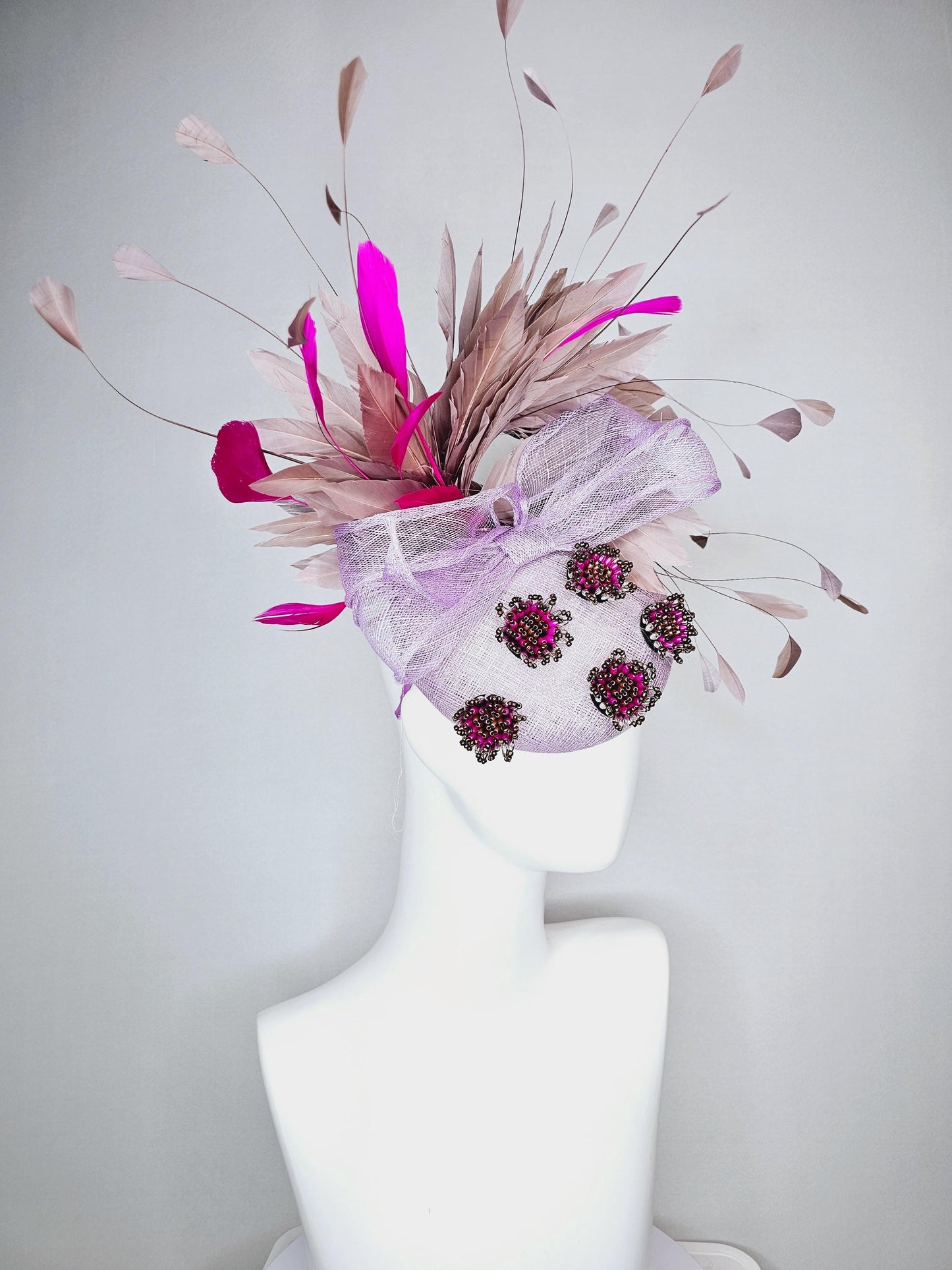 kentucky derby hat fascinator light lavender purple sinamay with bow and pearl jewels embroidered and pink beige brown taupe feathers