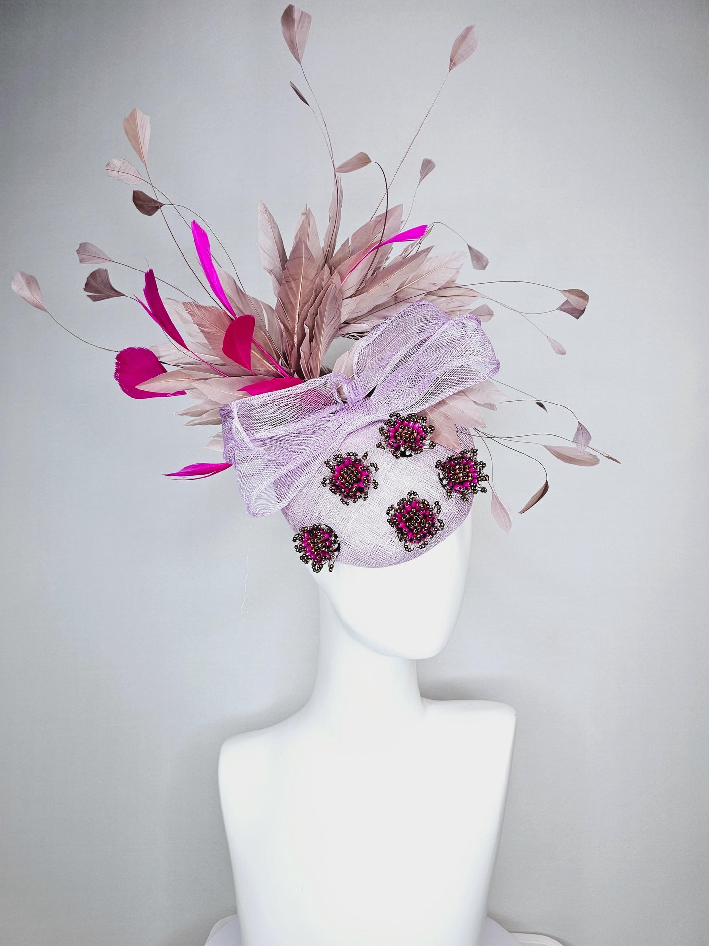 kentucky derby hat fascinator light lavender purple sinamay with bow and pearl jewels embroidered and pink beige brown taupe feathers