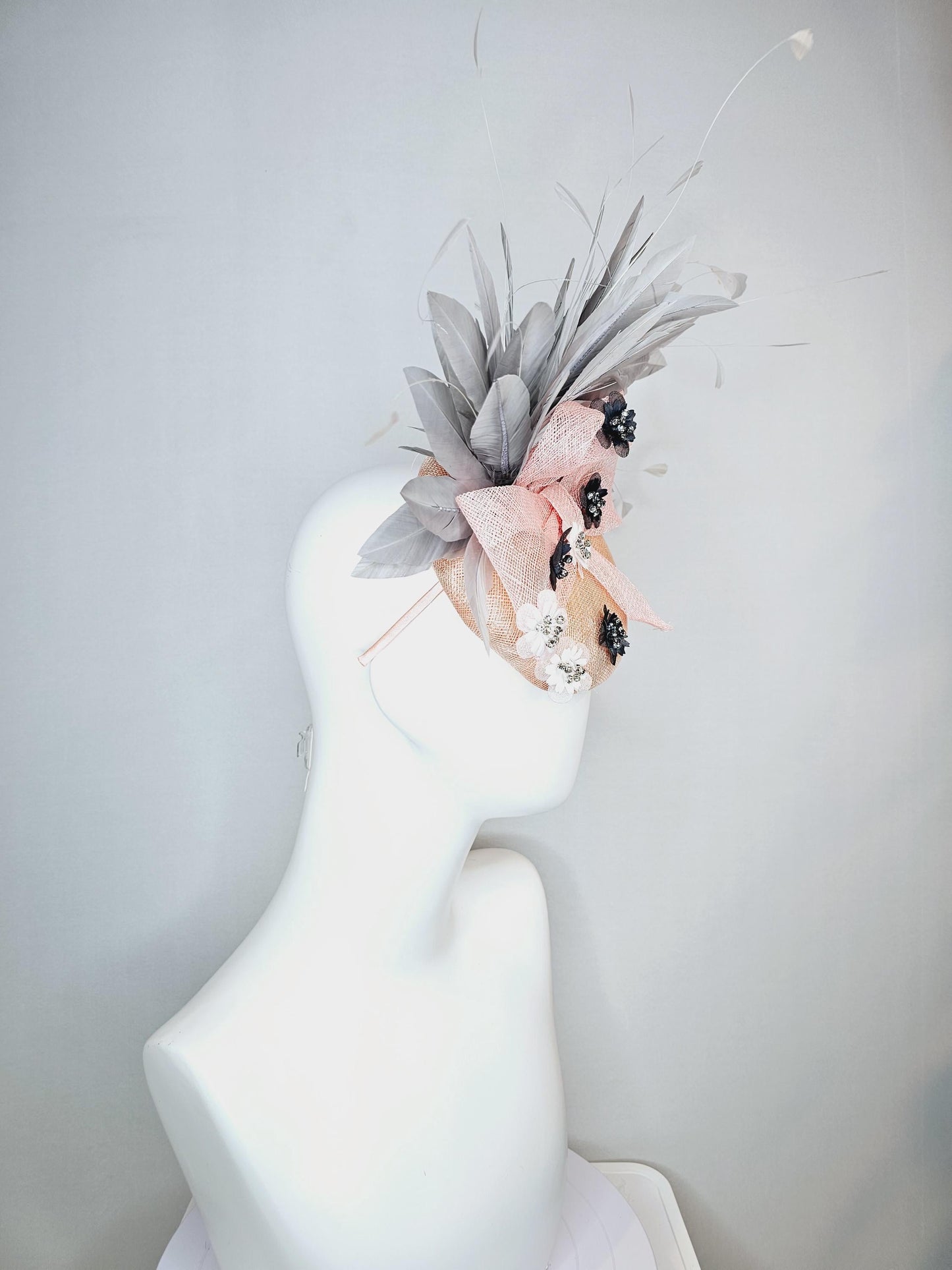 kentucky derby hat fascinator champagne pink sinamay with baby pink sinamay bow crystal jewel embroidered flowers gray branching feathers
