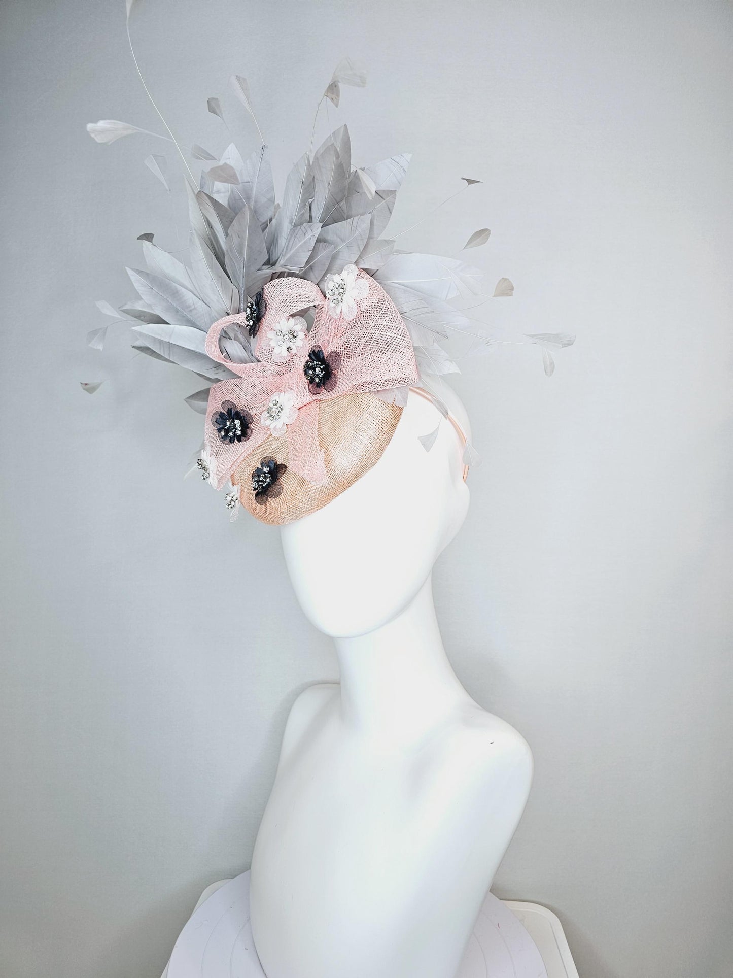 kentucky derby hat fascinator champagne pink sinamay with baby pink sinamay bow crystal jewel embroidered flowers gray branching feathers