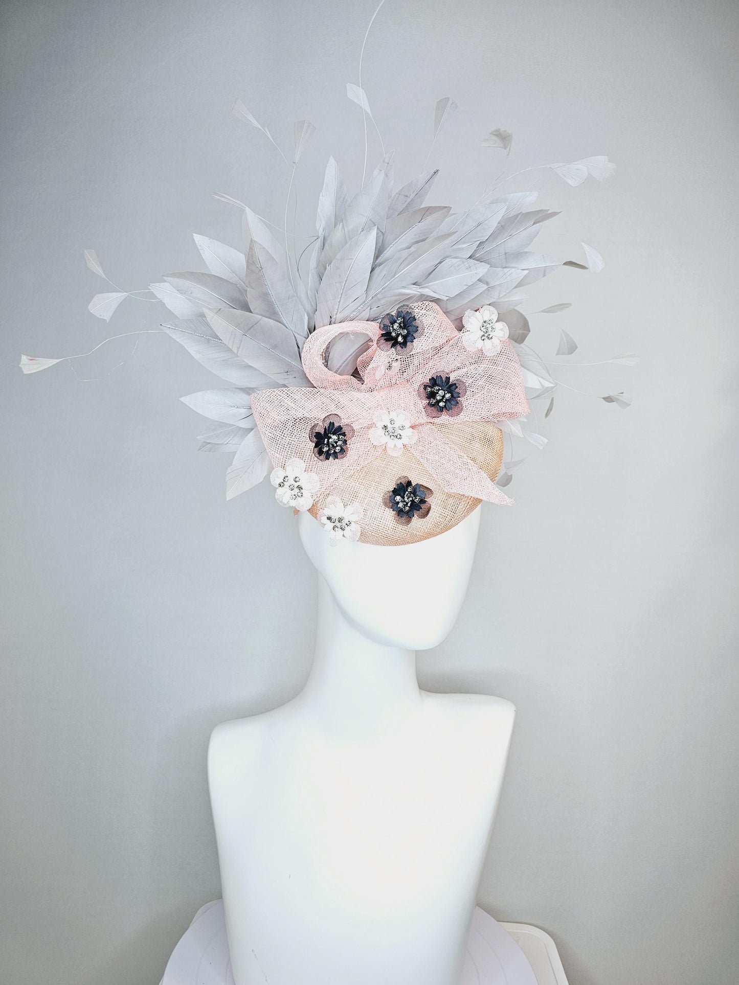 kentucky derby hat fascinator champagne pink sinamay with baby pink sinamay bow crystal jewel embroidered flowers gray branching feathers