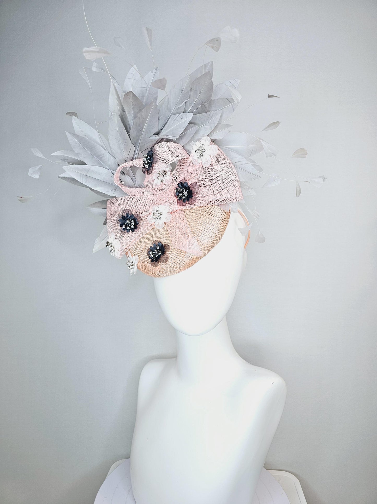 kentucky derby hat fascinator champagne pink sinamay with baby pink sinamay bow crystal jewel embroidered flowers gray branching feathers