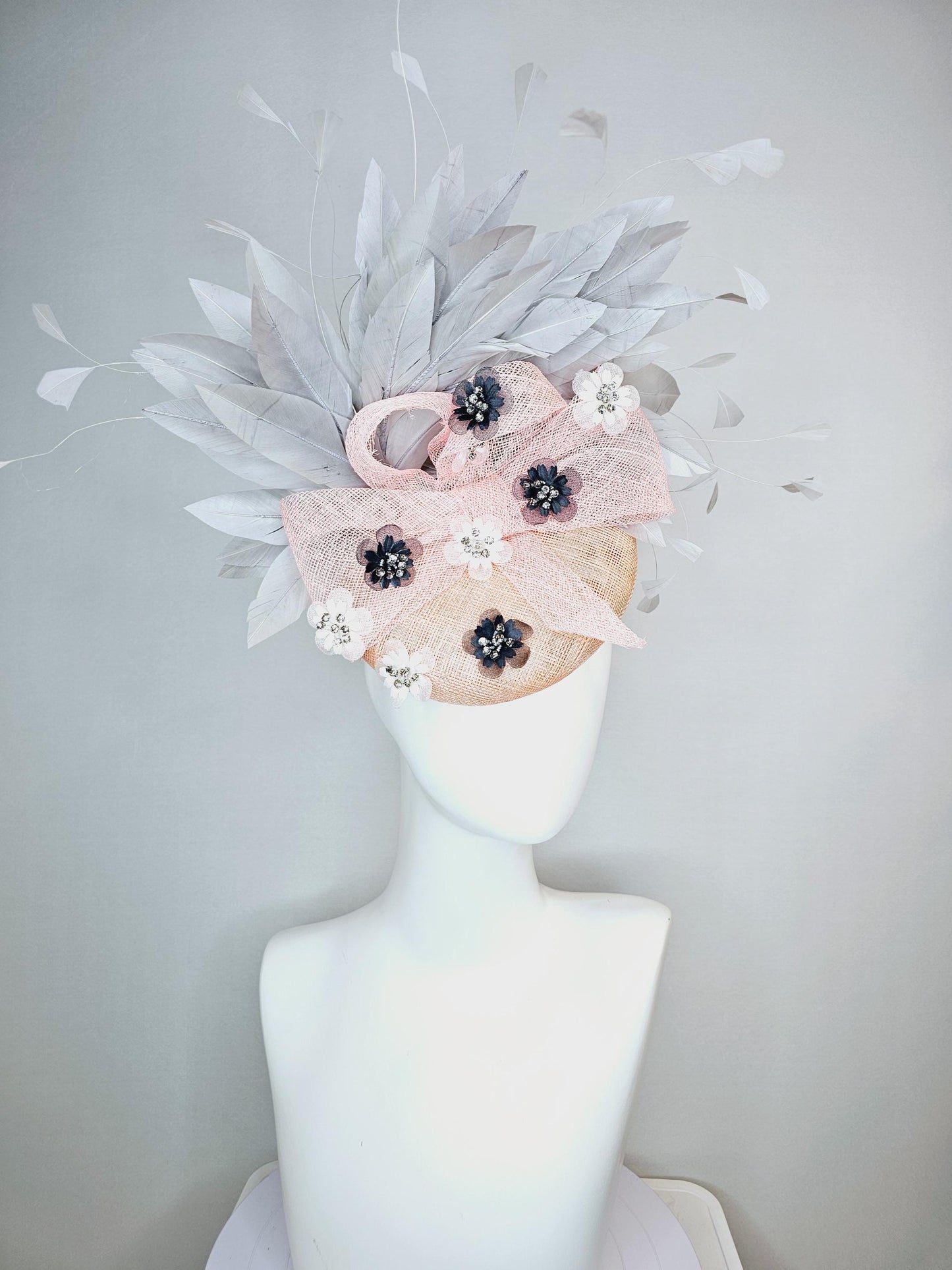 kentucky derby hat fascinator champagne pink sinamay with baby pink sinamay bow crystal jewel embroidered flowers gray branching feathers